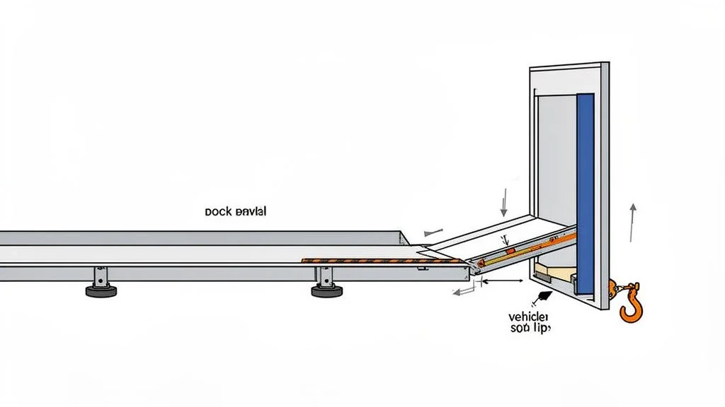 A detailed technical drawing illustrating the components and operation of a loading dock leveler system.