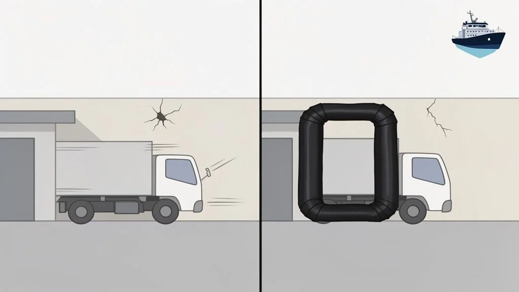 Illustration comparing a truck causing wall damage at a loading dock to a truck protected by a black bumper.