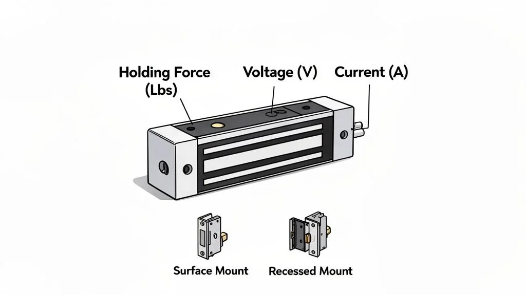 A diagram of an electromagnetic door lock showing holding force, voltage, and current with mounting options.