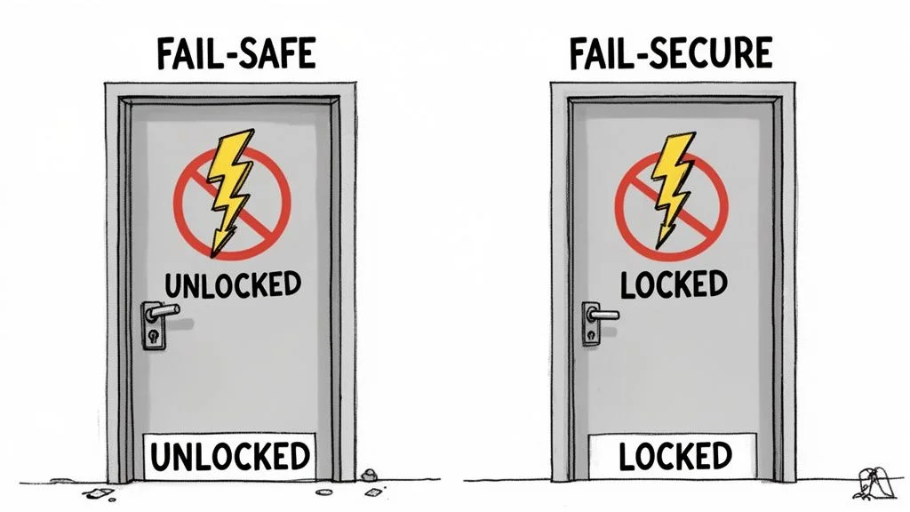A diagram comparing fail-safe and fail-secure door mechanisms indicating whether the door is locked or unlocked without power.