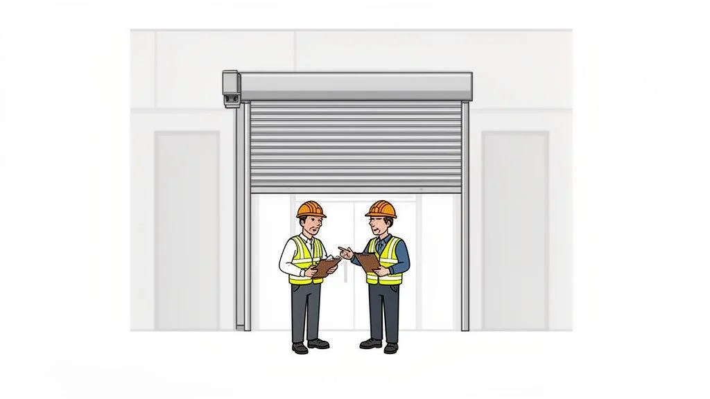 Two workers in hard hats and safety vests inspecting a partially closed roller shutter door.
