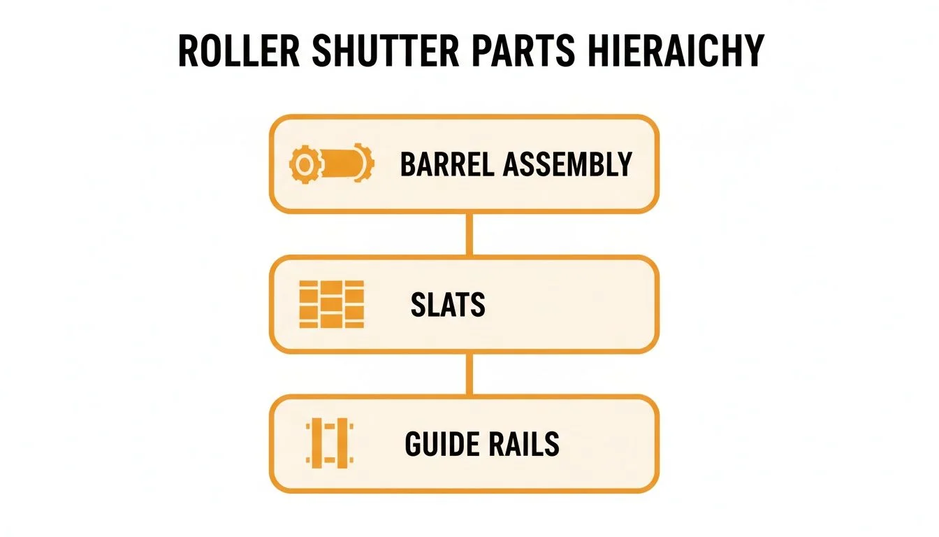 A diagram illustrating the hierarchy of roller shutter parts: Barrel Assembly, Slats, and Guide Rails.
