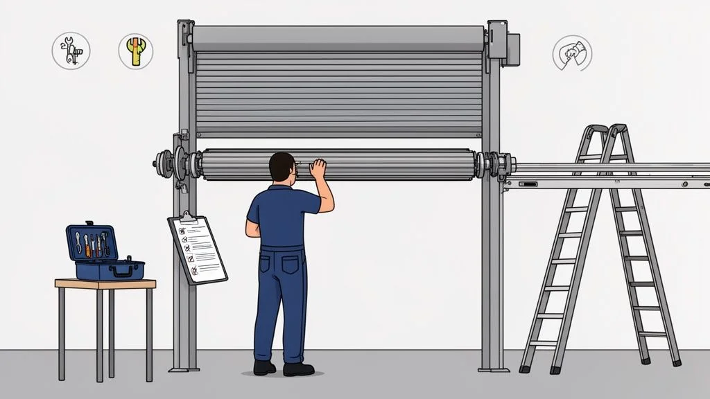 A technician inspects a large gray roller shutter door, with tools, clipboard, and a ladder nearby.