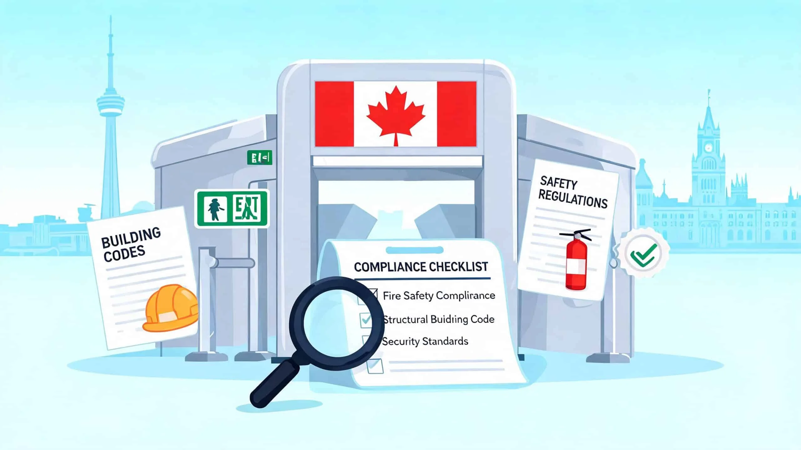 A digital illustration showing a Canadian building with safety compliance checklists, building codes, and exit signs.