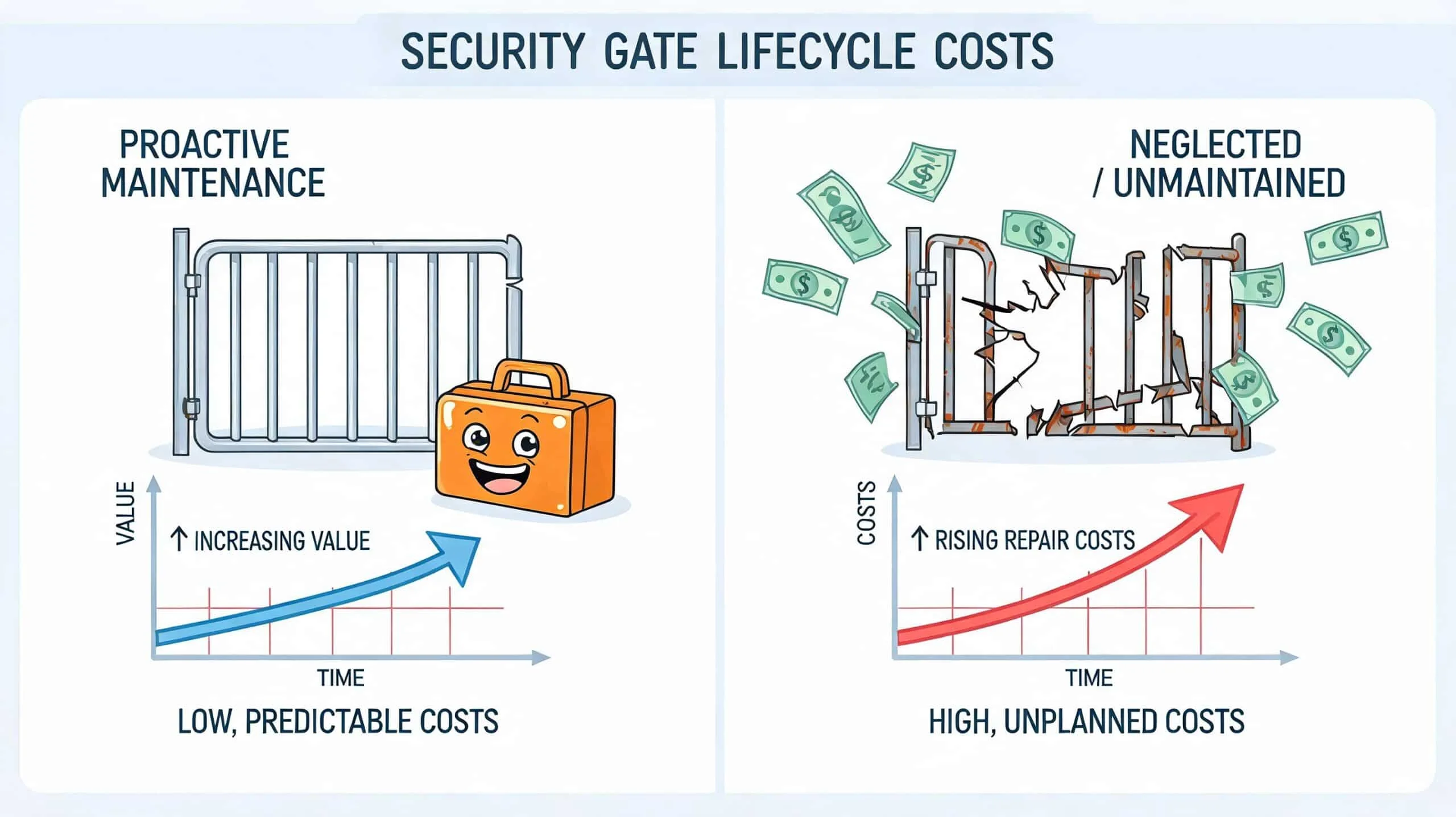 A comparison chart showing how proactive maintenance increases security gate value while neglect leads to high repair costs.