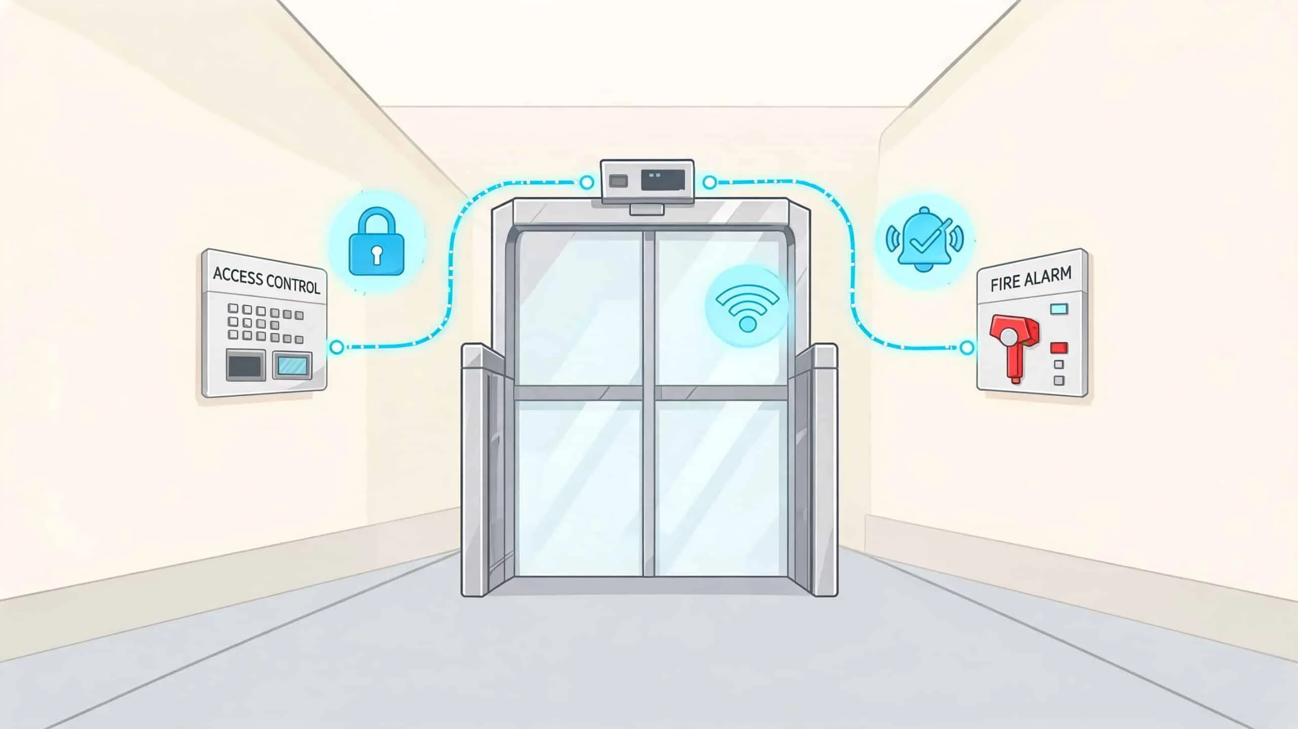 A modern security system for glass doors with access control, fire alarm, and wireless connectivity icons.