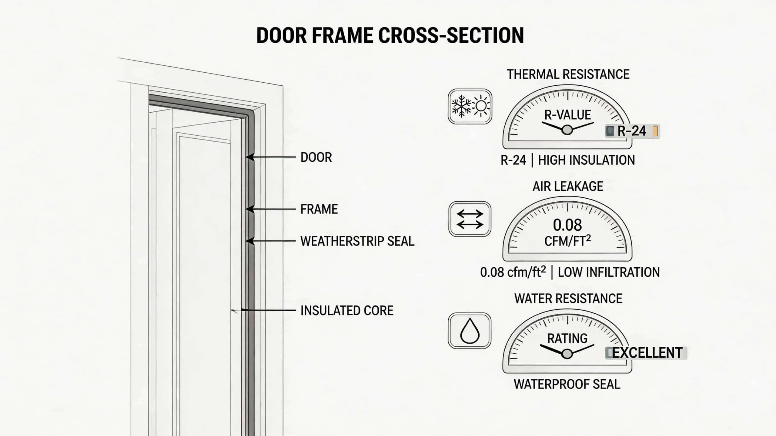 Technical diagram showing a door frame cross-section with insulation, air leakage, and water resistance rating statistics.