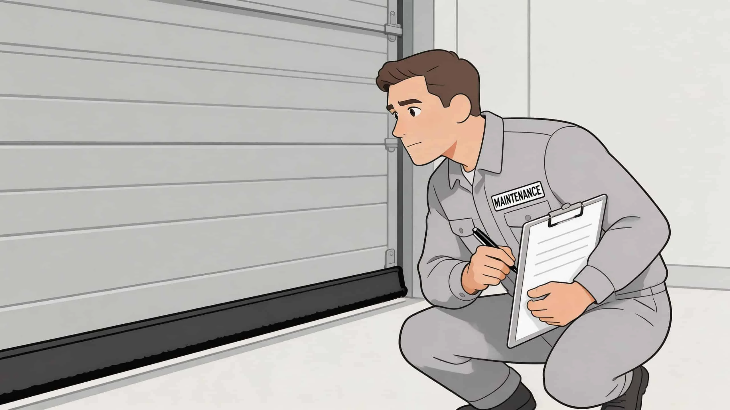 A maintenance worker inspecting the rubber weather stripping at the bottom of a large garage door.