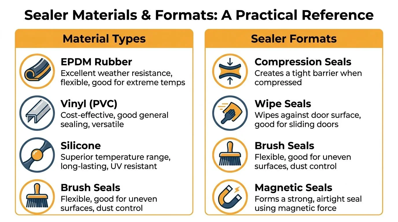 A reference infographic titled Sealer Materials and Formats, listing common materials and seal types for door weatherproofing.