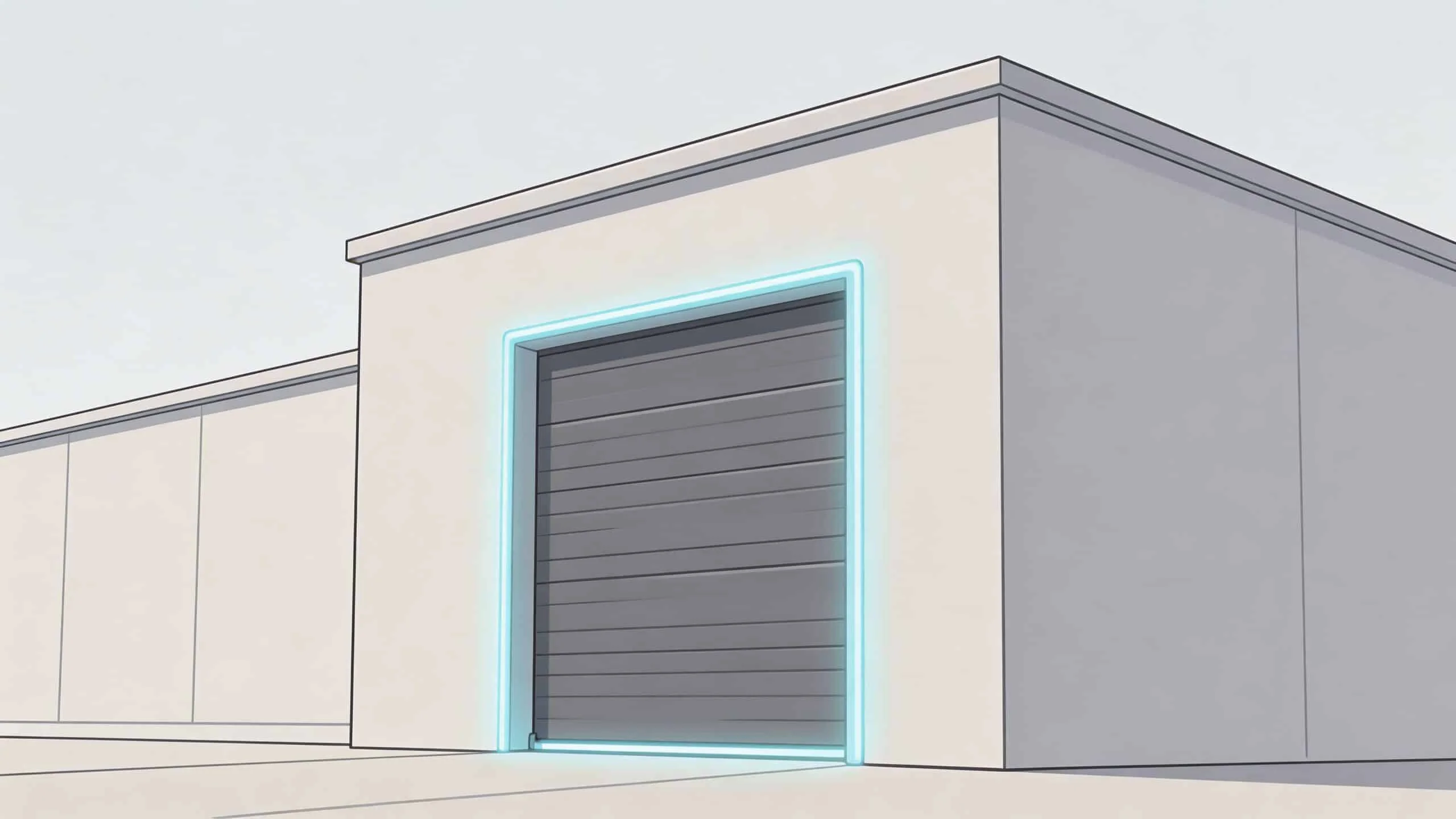 A modern warehouse building with a secure grey sectional door featuring bright blue LED accent lighting.