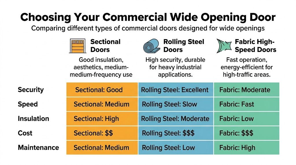 A comparison chart outlining the pros and cons of sectional, rolling steel, and fabric high-speed commercial doors.