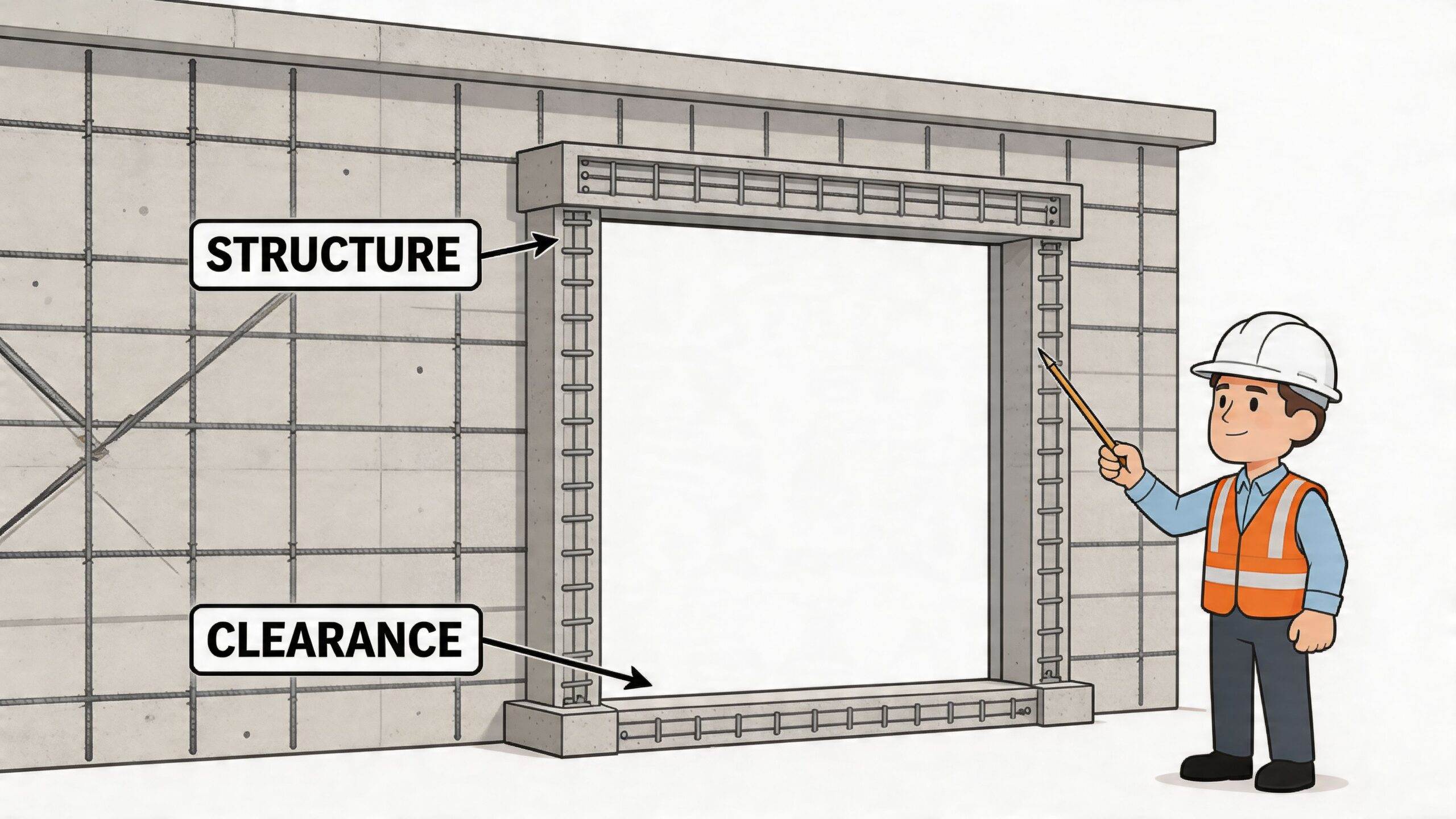 A construction worker points to a reinforced concrete frame for a double size garage door installation.