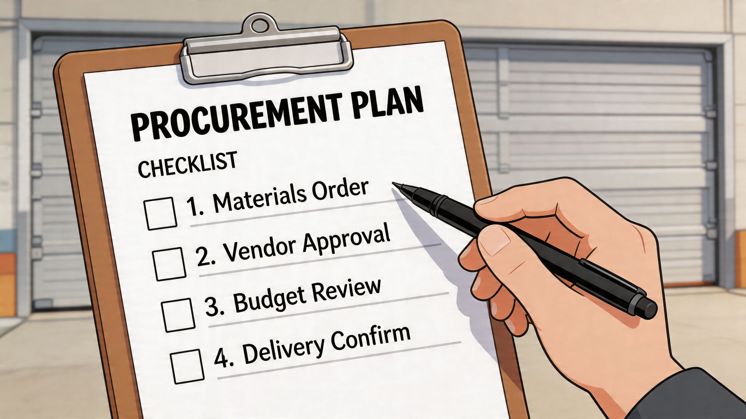 A hand holding a pen over a procurement plan checklist on a clipboard with a garage door background.