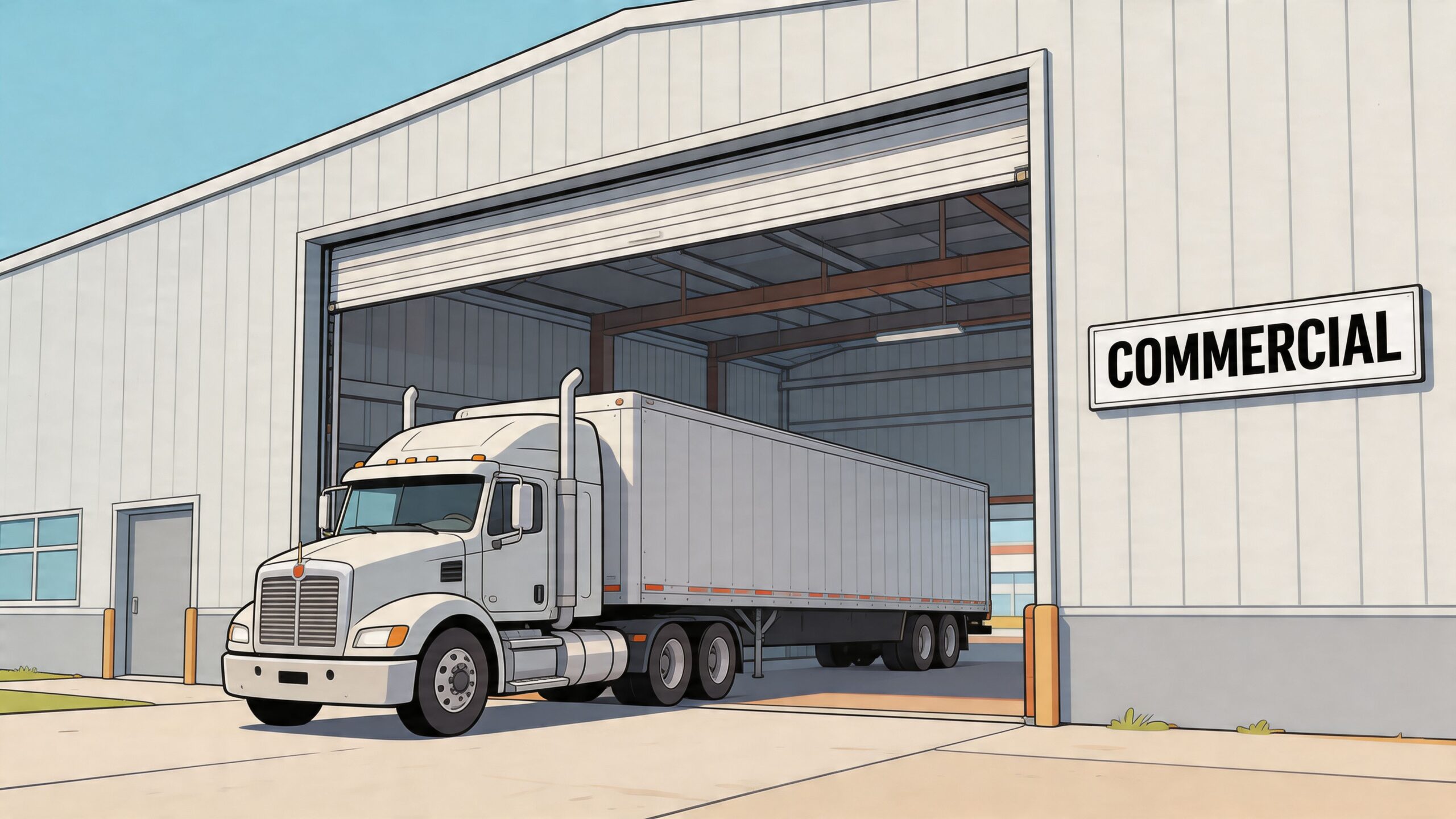 A large semi-truck parked in front of a warehouse with an open double size garage door.