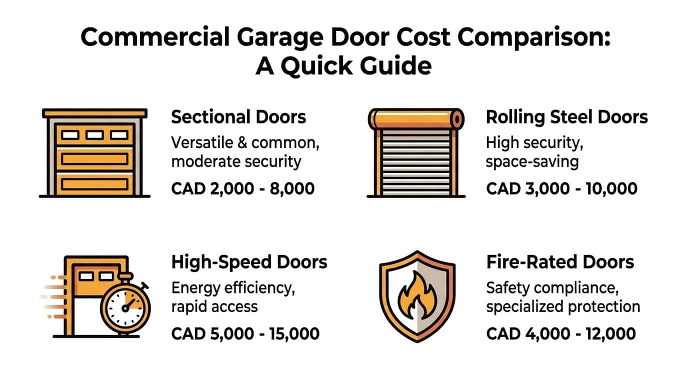 A quick guide displaying a cost comparison chart for various types of commercial garage doors in Canada.
