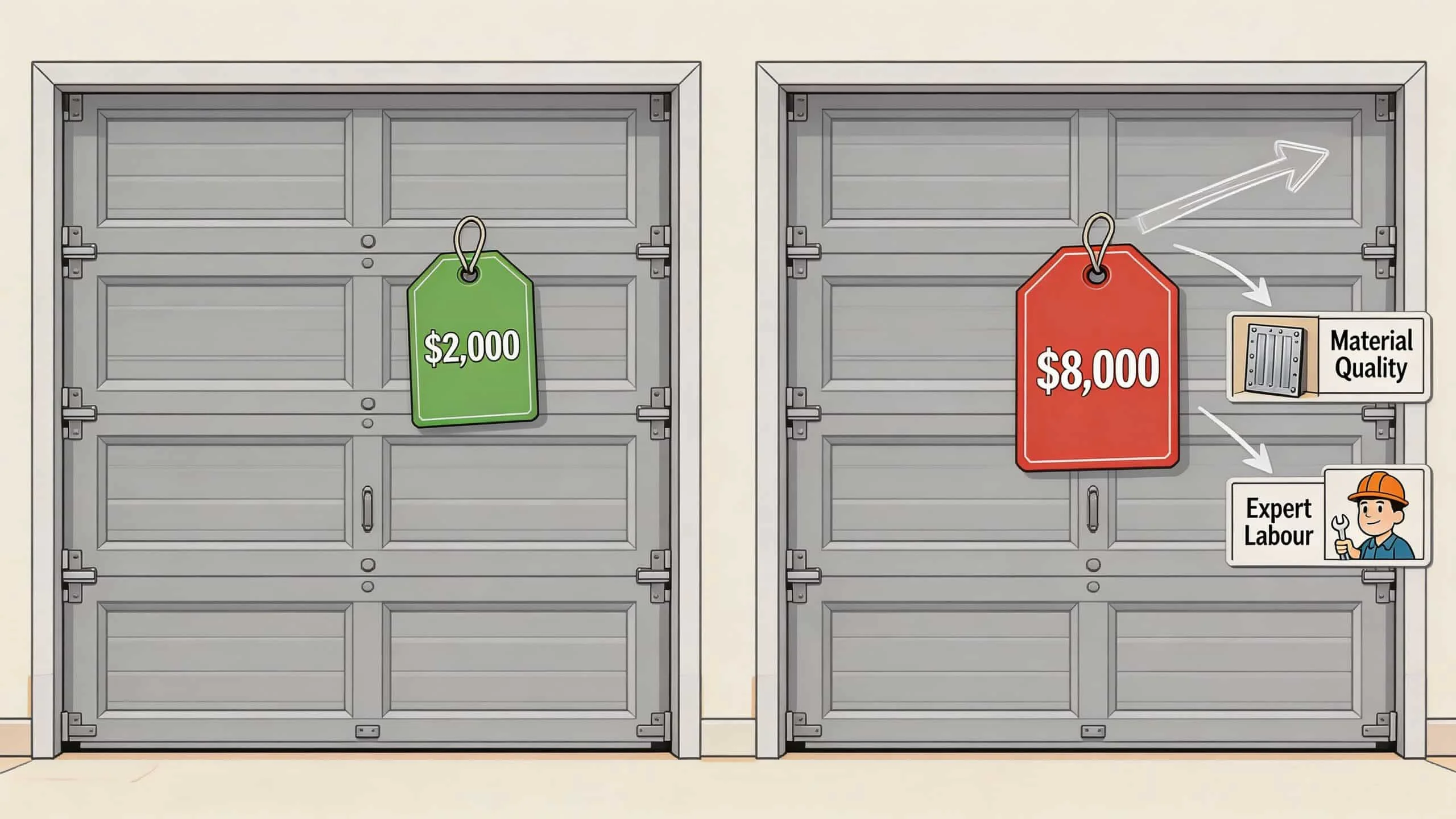 A comparison illustration showing two garage doors priced at two thousand dollars and eight thousand dollars respectively.