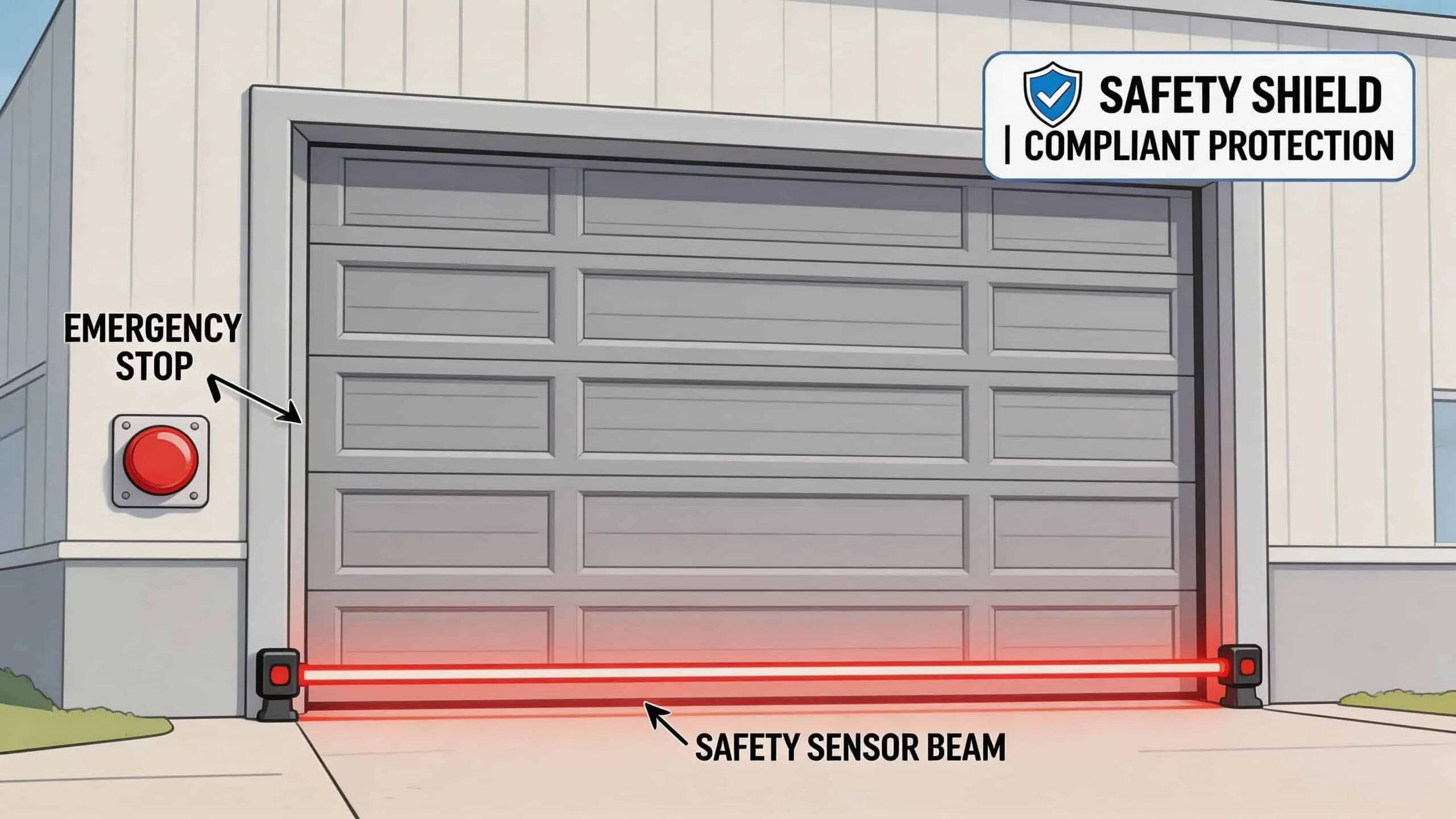 A diagram of a garage door featuring safety features like an emergency stop button and sensor beam.