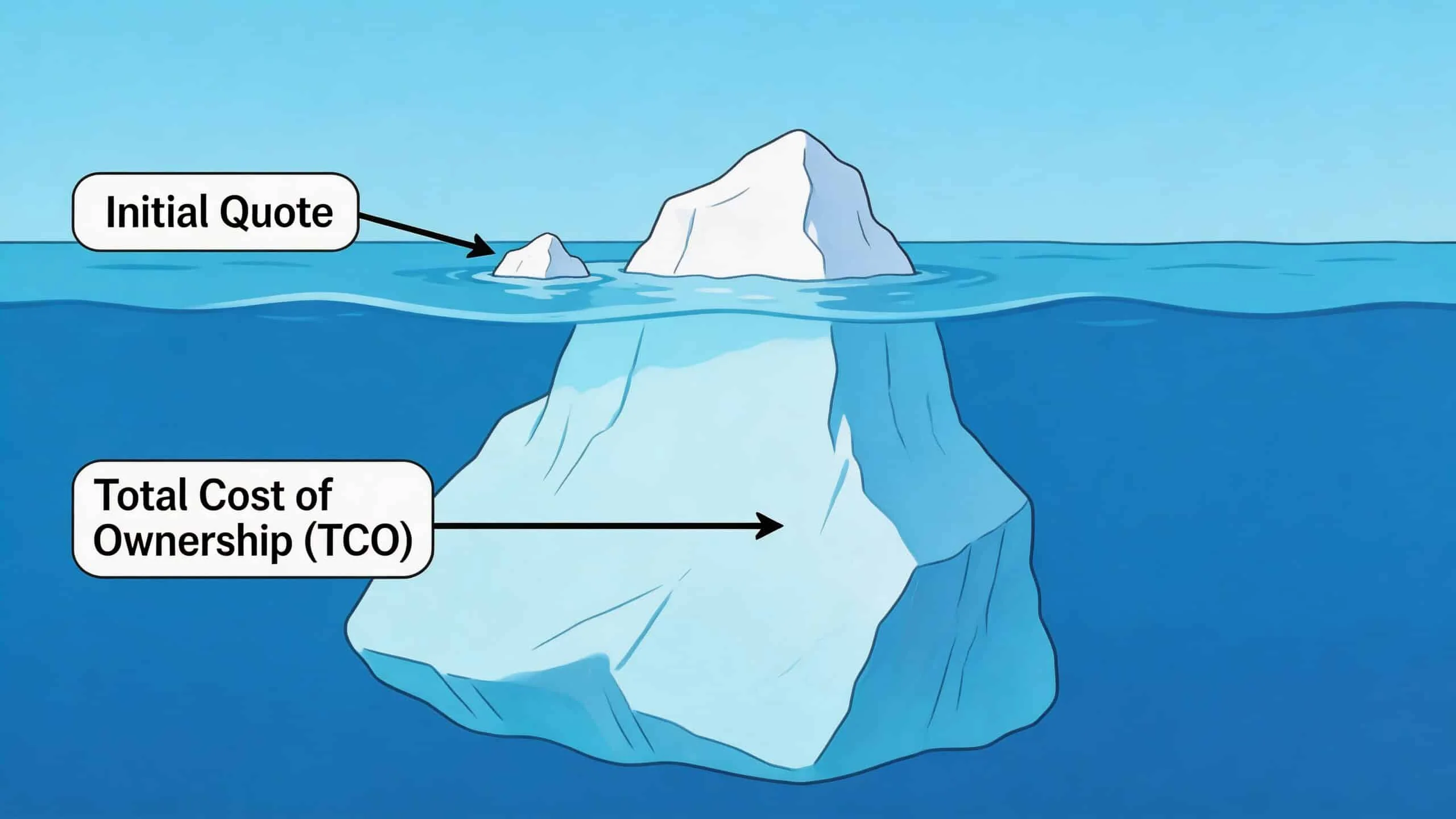 An iceberg illustration representing the hidden total cost of ownership compared to the initial quote price.