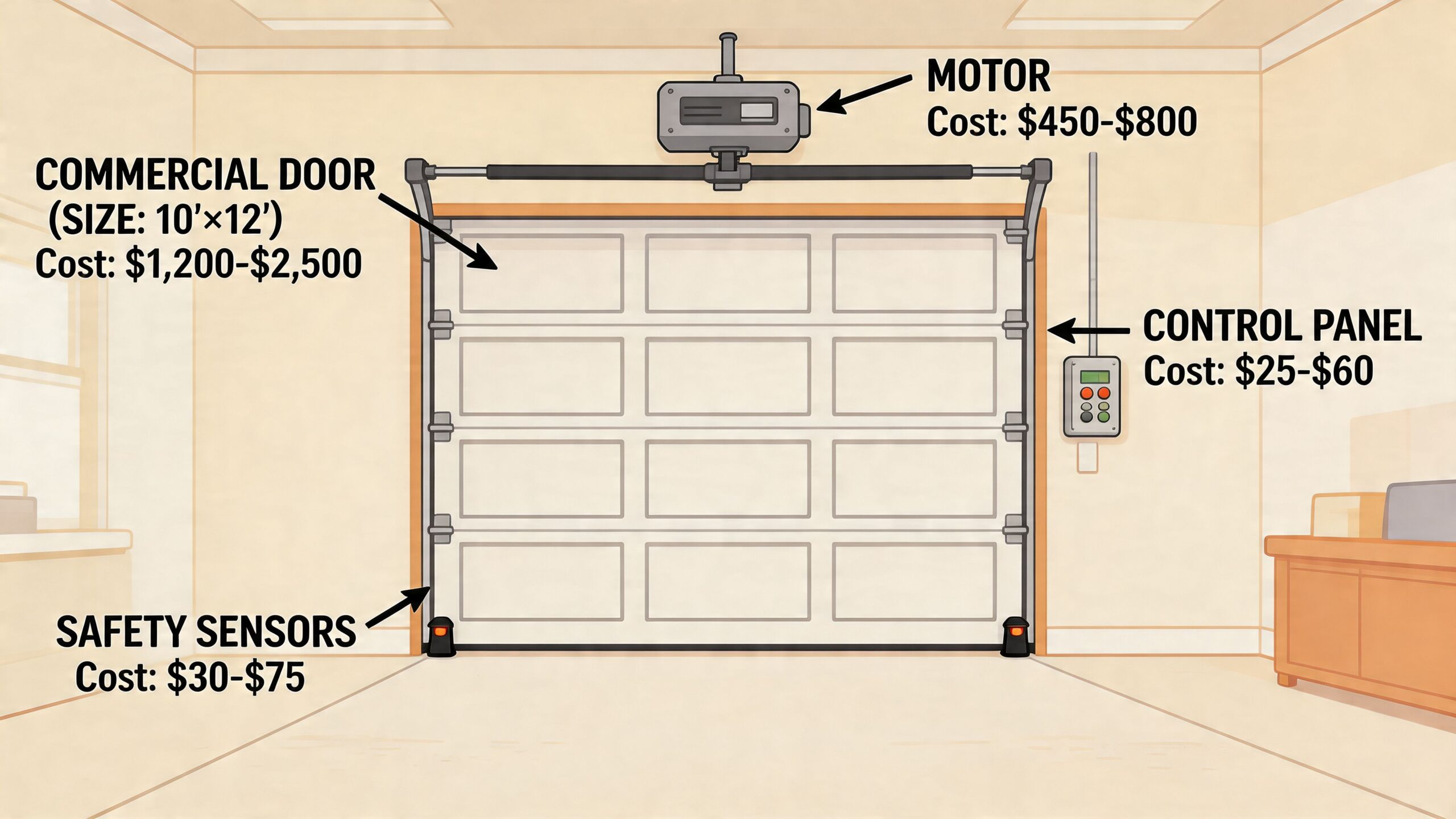A diagram illustrating the cost breakdown for various components of a commercial garage door installation system.