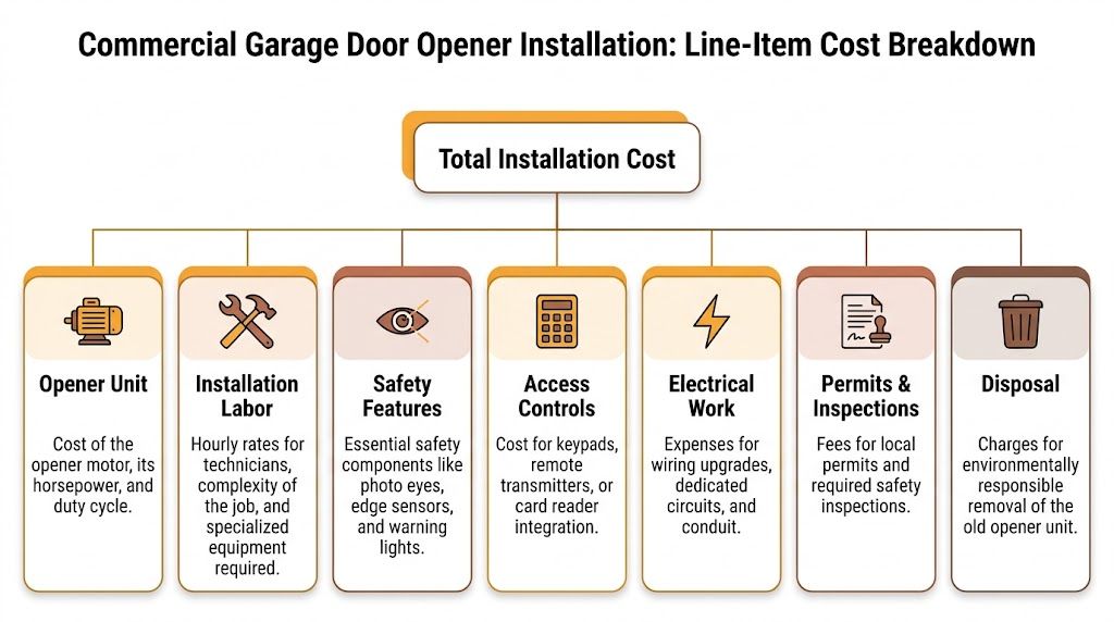 An infographic showing the various cost factors involved in a commercial garage door opener installation process.