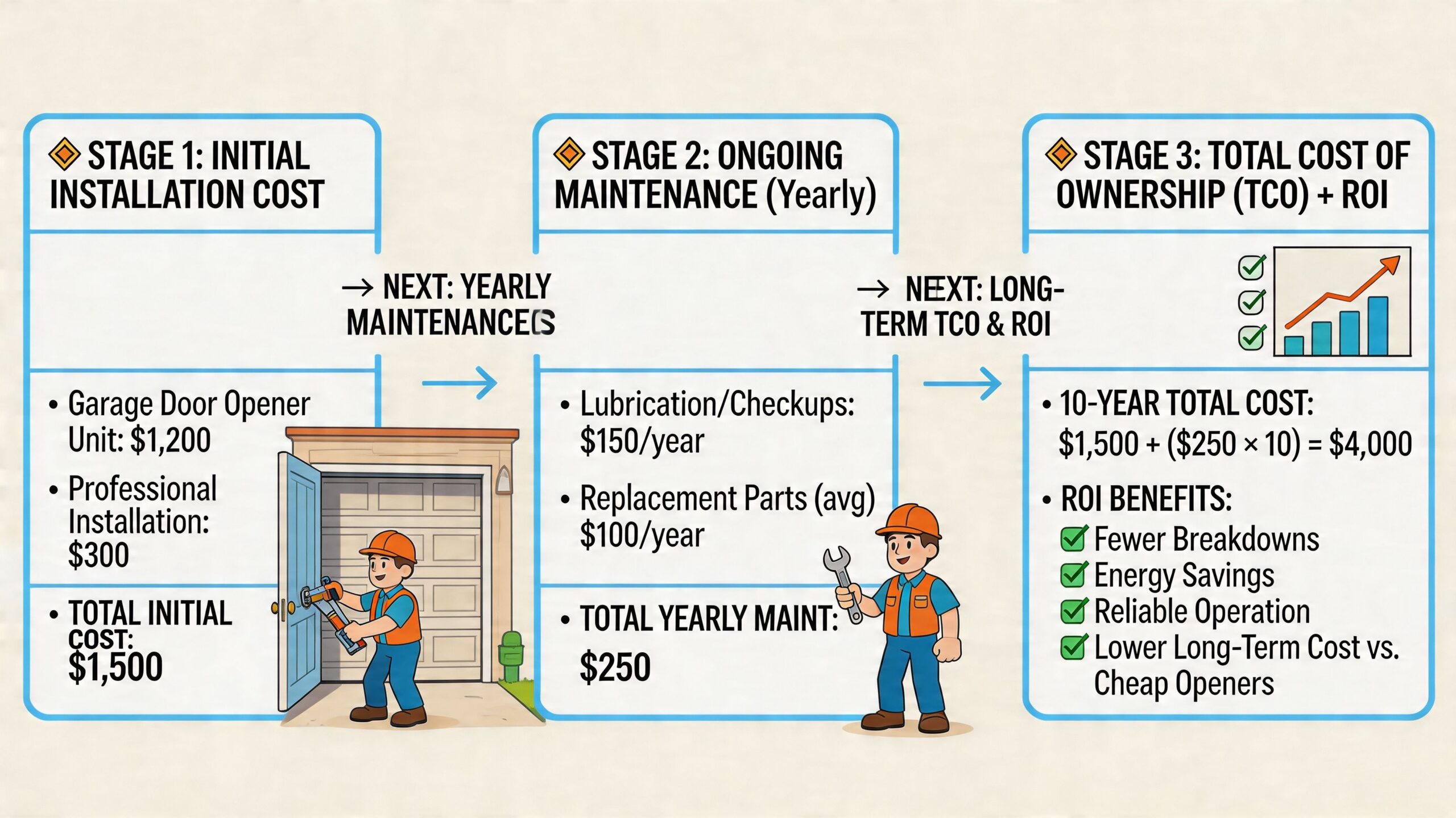 A diagram illustrating the three stages of garage door opener costs including initial installation, maintenance, and ownership.