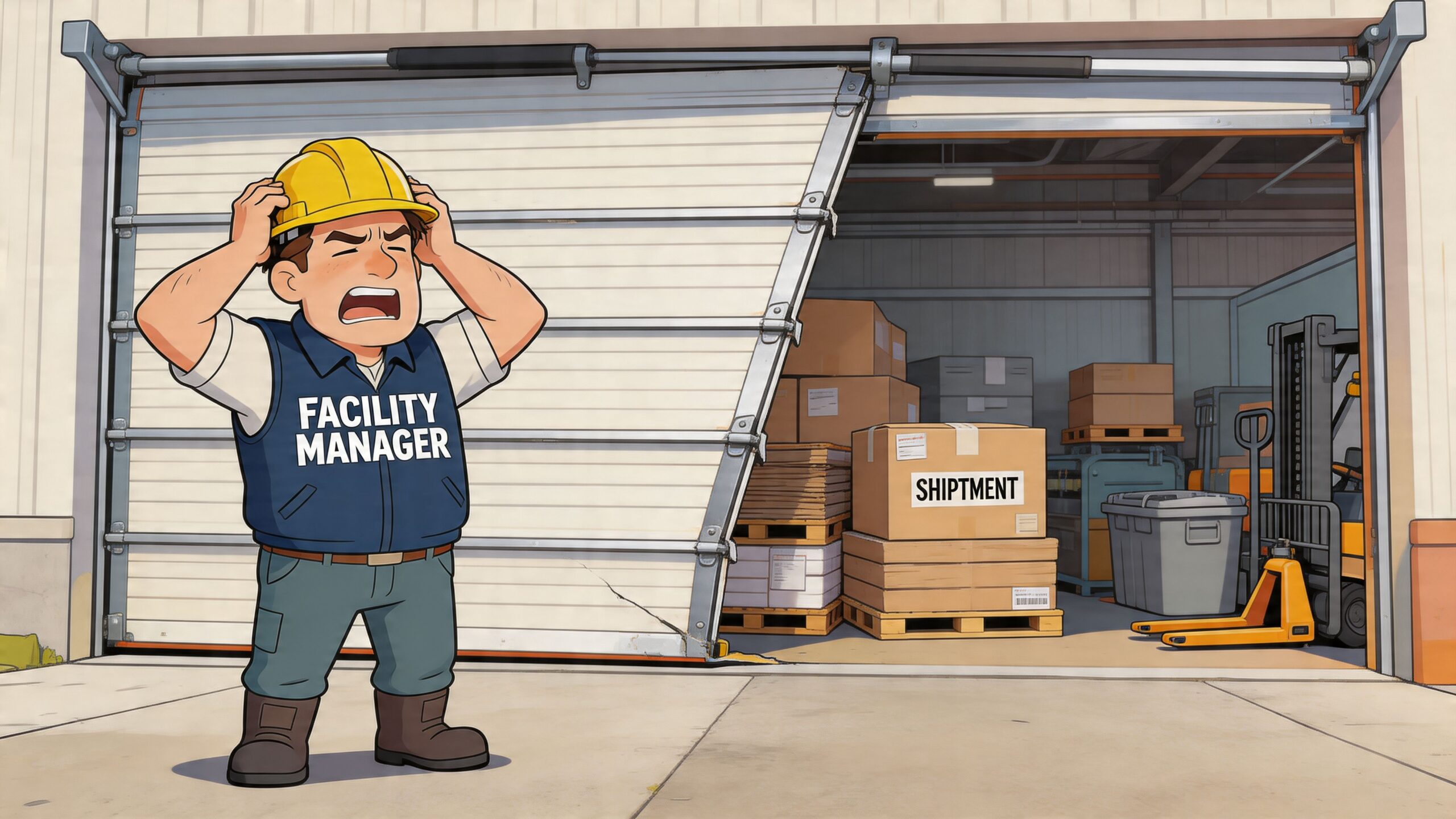 Stressed facility manager standing in front of a broken warehouse garage door with packages inside.