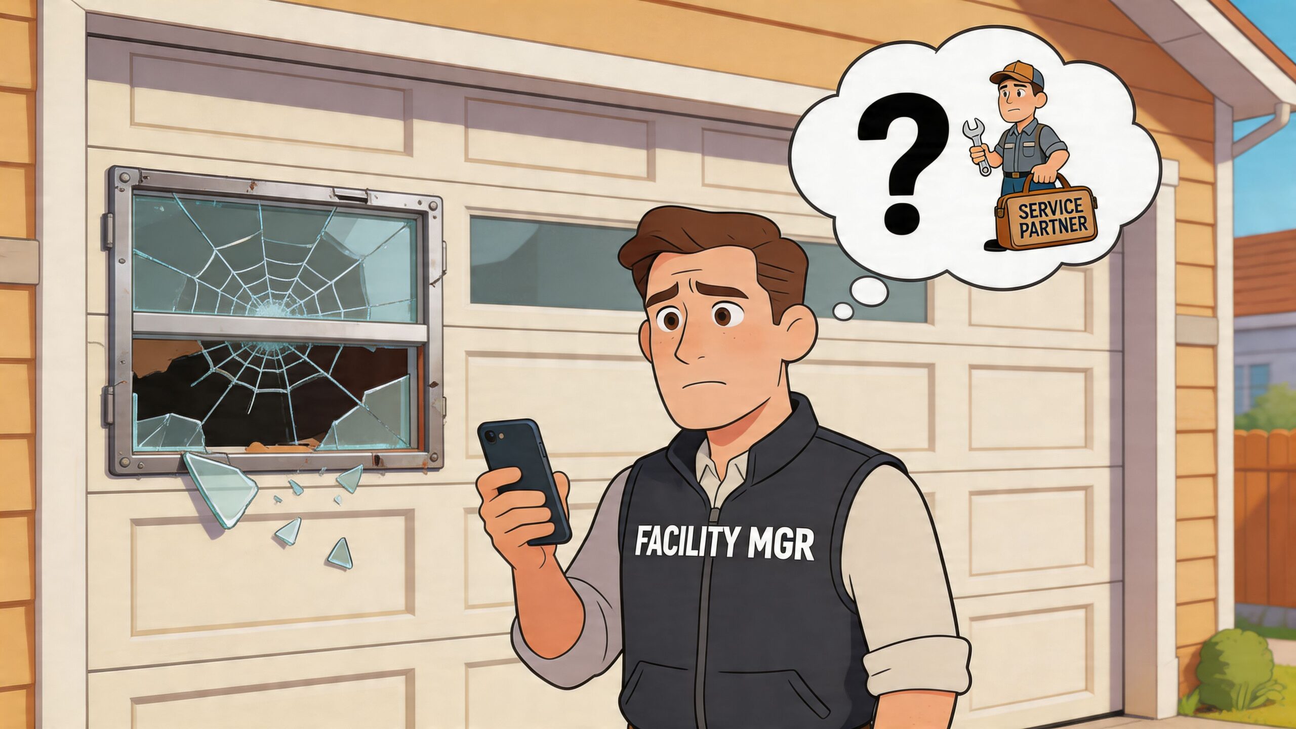 A worried facility manager looks at his phone while standing in front of a broken garage window.