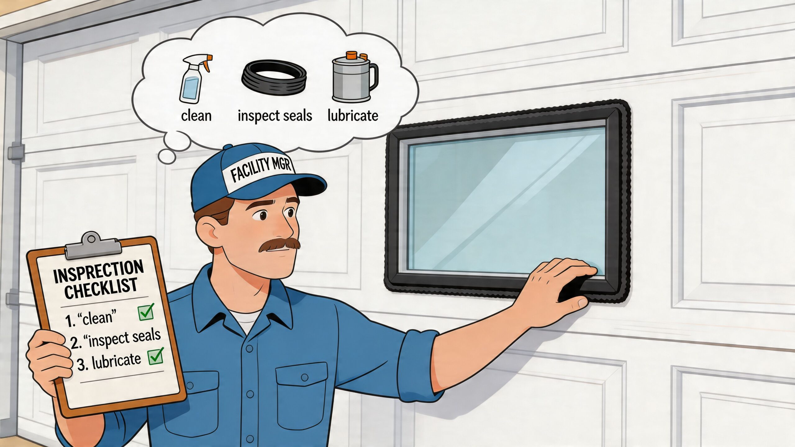 A facility manager inspecting a garage door window while checking off cleaning and lubrication tasks on a clipboard.
