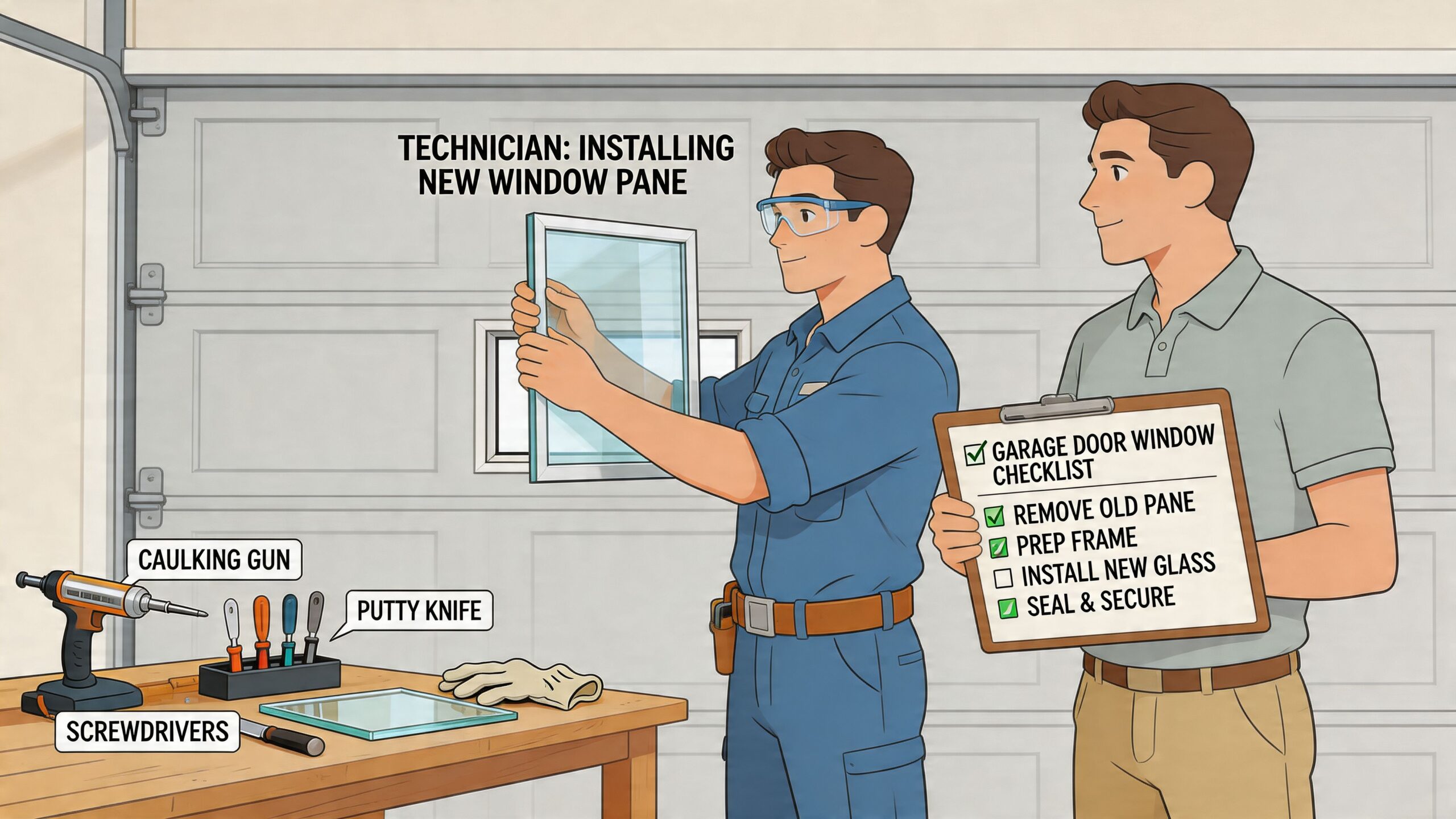 A technician installing a new garage door window pane while a colleague reviews a repair checklist.