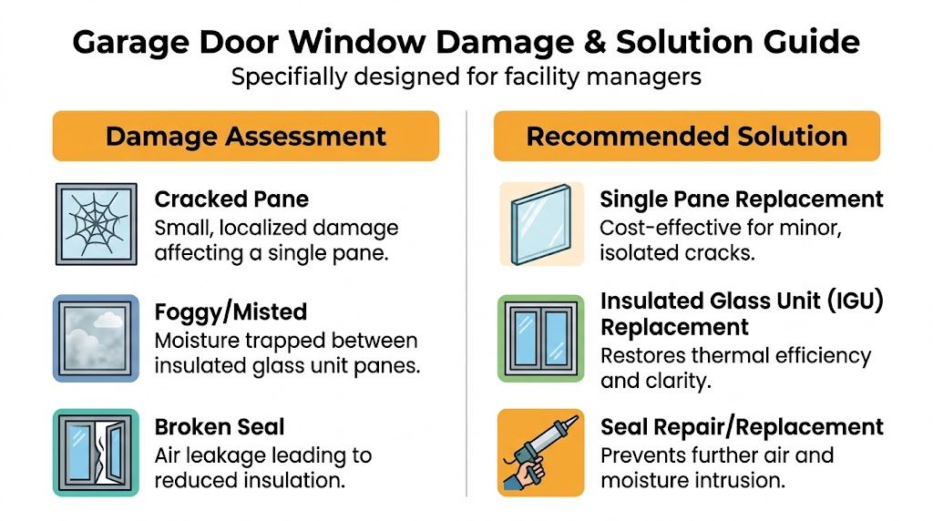 An infographic guide explaining common garage door window damages and their recommended professional repair solutions.