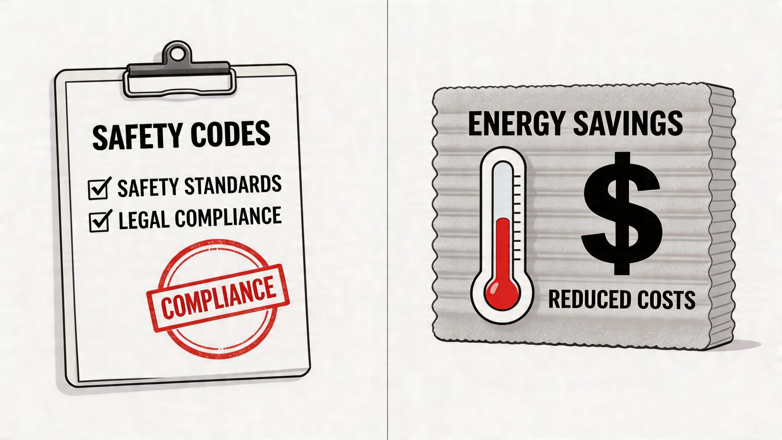 An illustration comparing safety compliance clipboard on the left and energy savings cost reduction on the right.