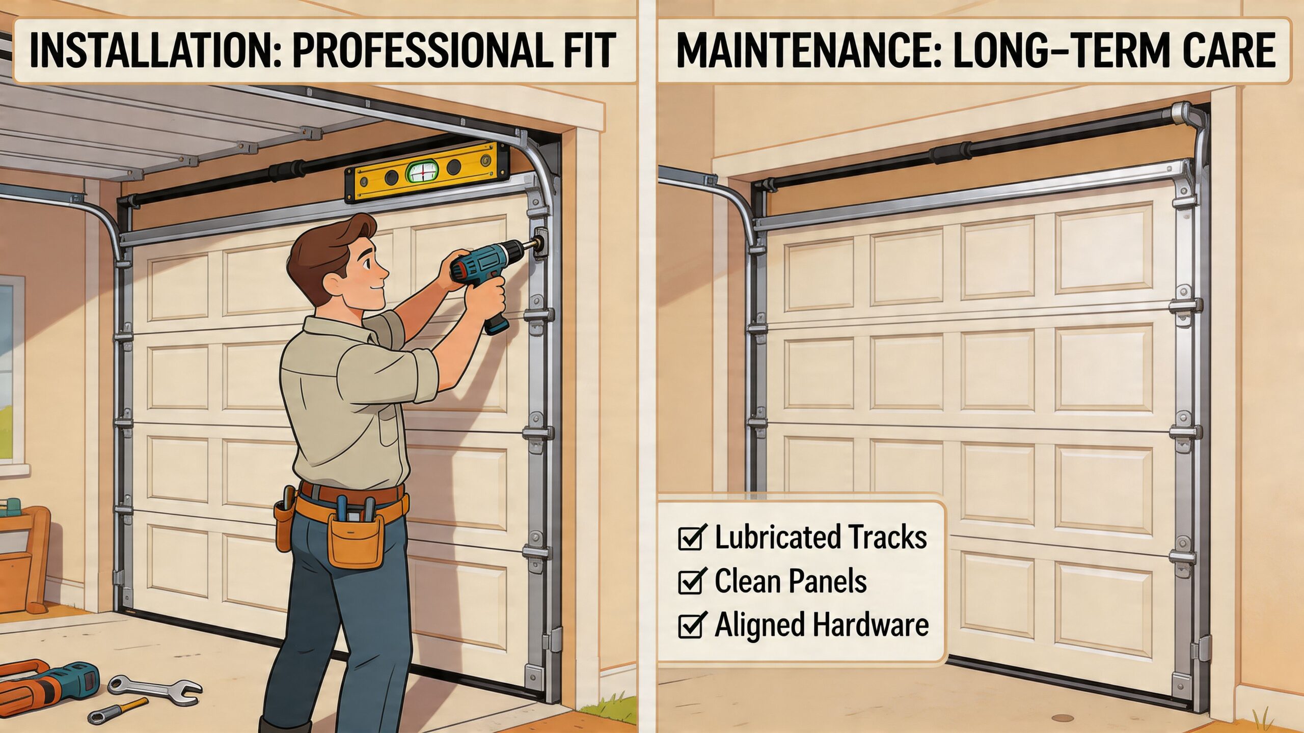 A split-screen illustration showing a technician installing a garage door and a checklist for long-term maintenance.