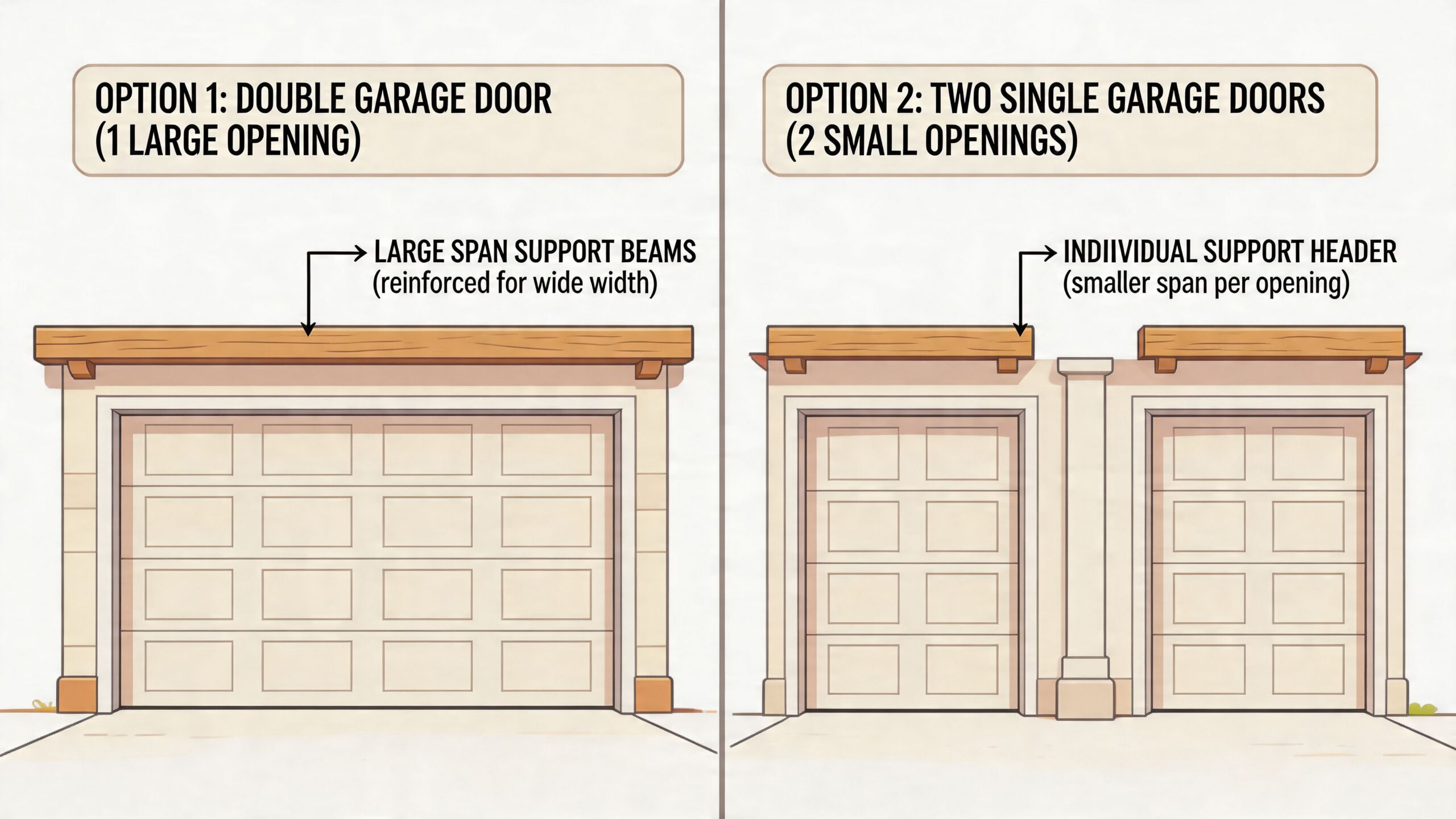 A diagram comparing a single large double garage door opening versus two separate single garage door openings.