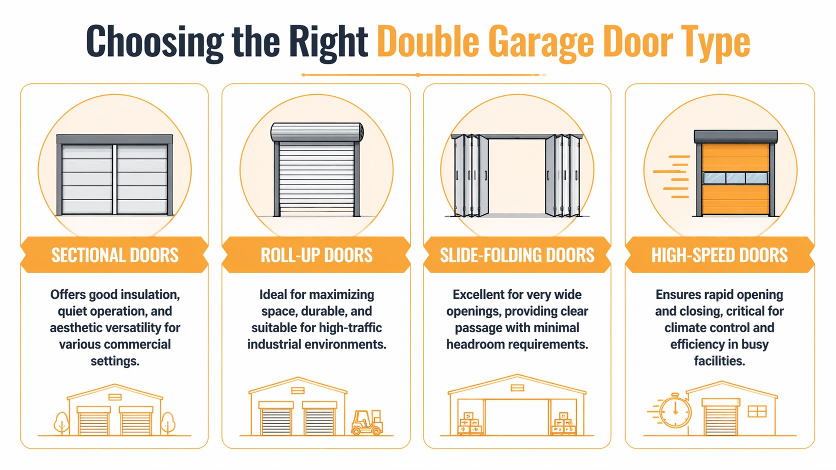 An infographic detailing four types of double garage doors for commercial settings including their specific features and benefits.