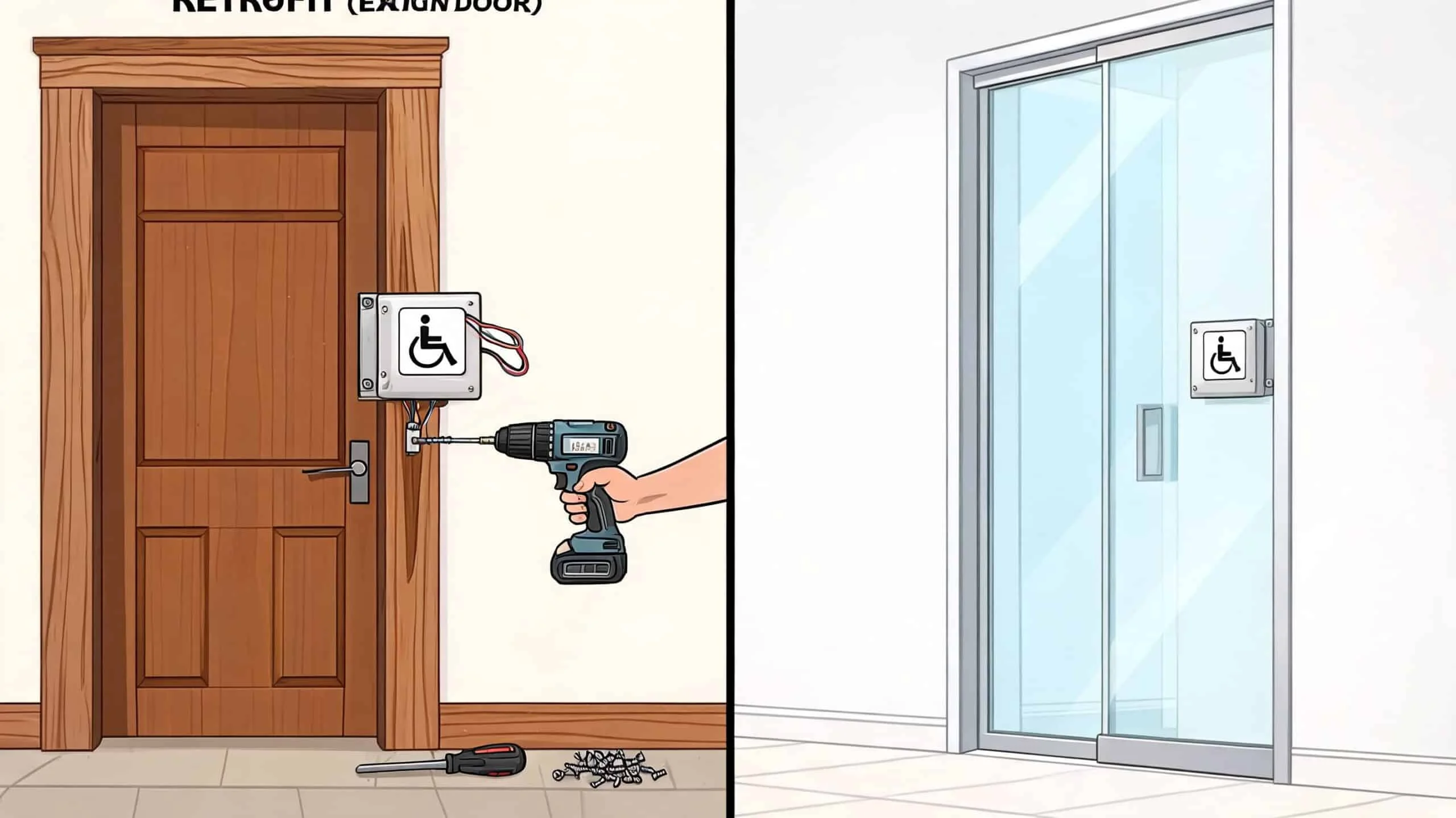 A split image showing the installation process for handicap door openers on wooden and glass doors.