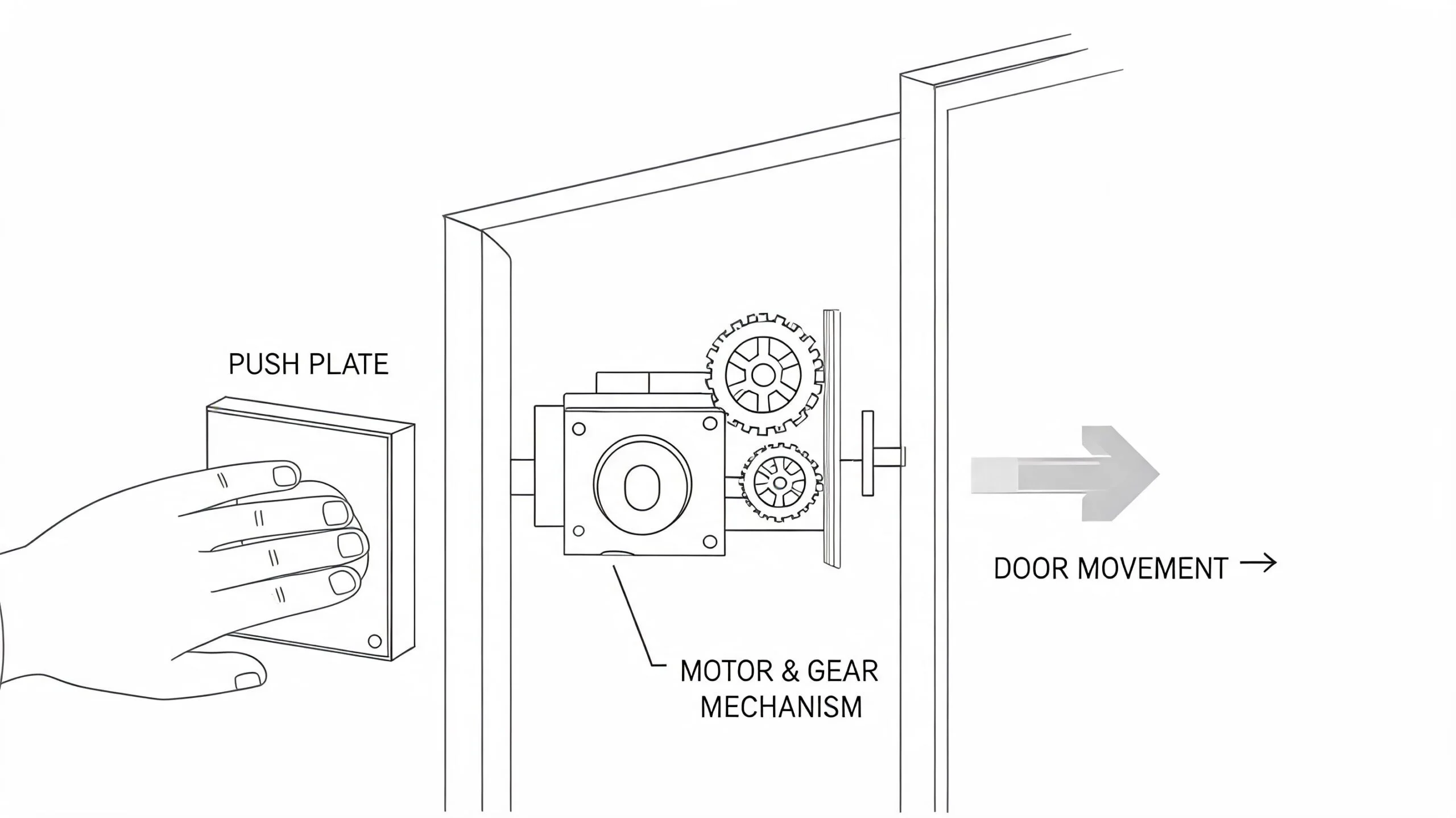 A diagram demonstrating a hand pressing a push plate to activate a door's internal motor and gear mechanism.