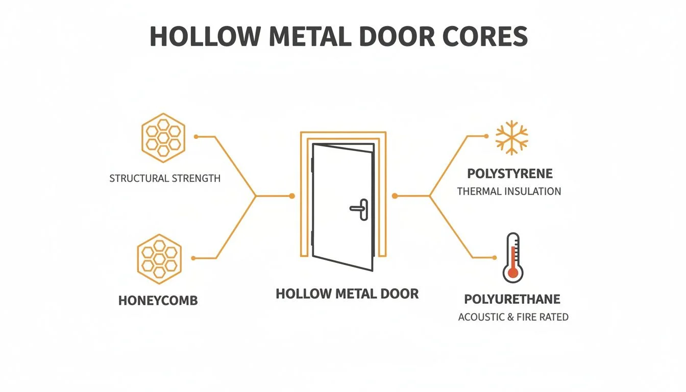Diagram of hollow metal door cores, detailing honeycomb for structural strength, and polystyrene/polyurethane for insulation and fire rating.