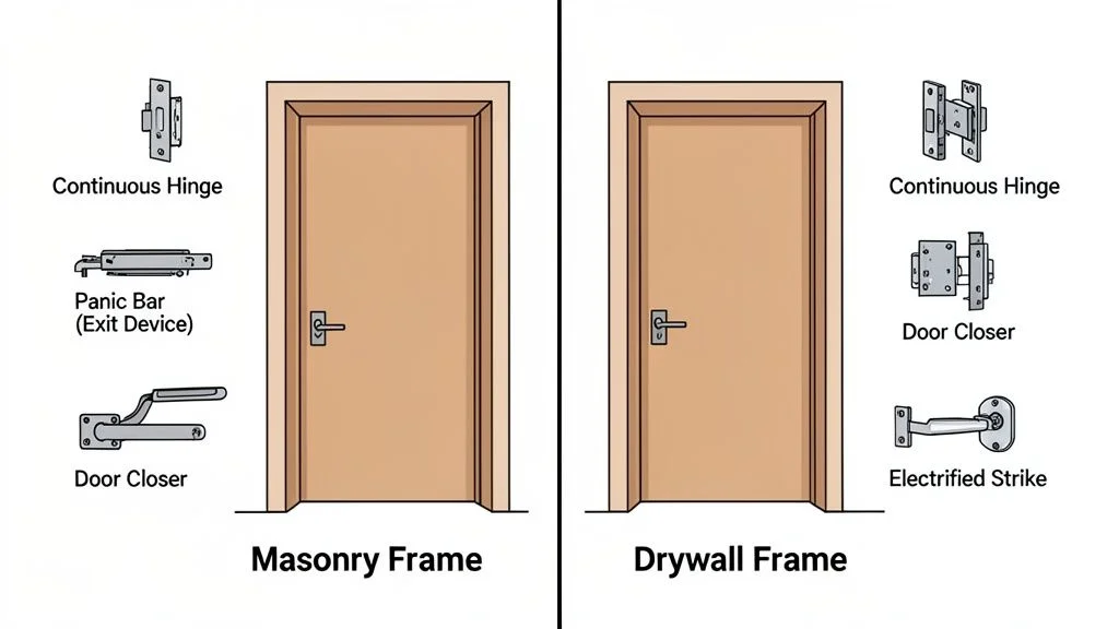 Comparison of door hardware: continuous hinges, panic bar, door closers, and electrified strike for masonry and drywall frames.
