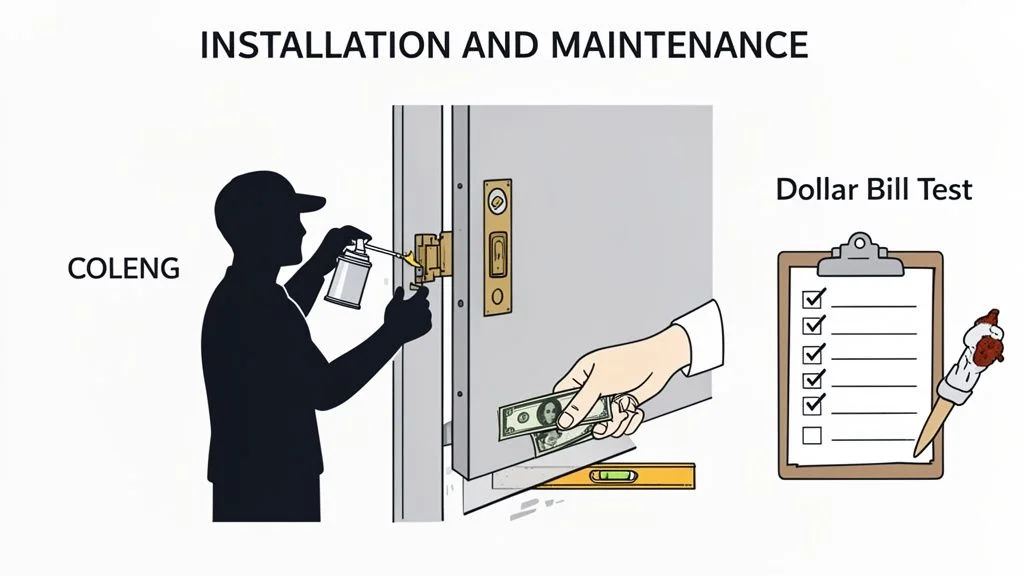Illustration depicting various aspects of door installation and maintenance, including lubrication and a dollar bill test.