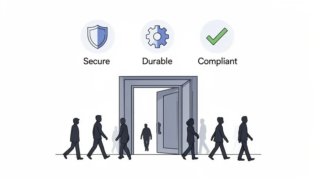 People walk through an open doorway, representing secure, durable, and compliant access.