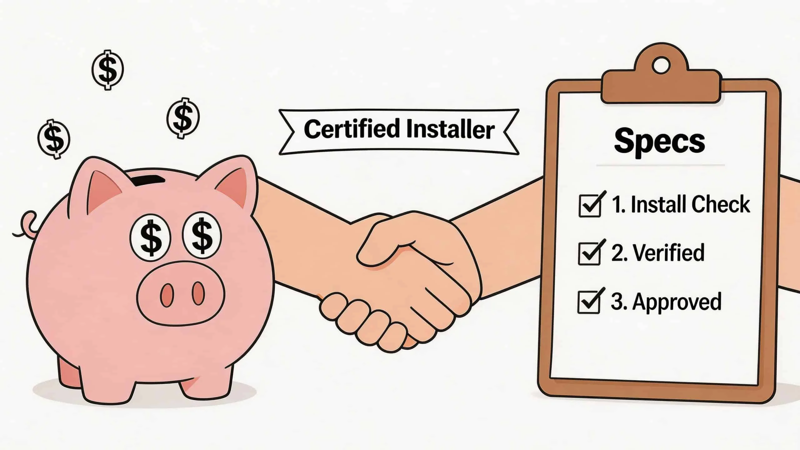 A piggy bank with dollar signs for eyes shaking hands with a clipboard labeled with installation specs.