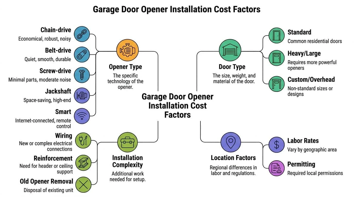 A diagram illustrating the various factors that influence the total cost of installing a garage door opener.