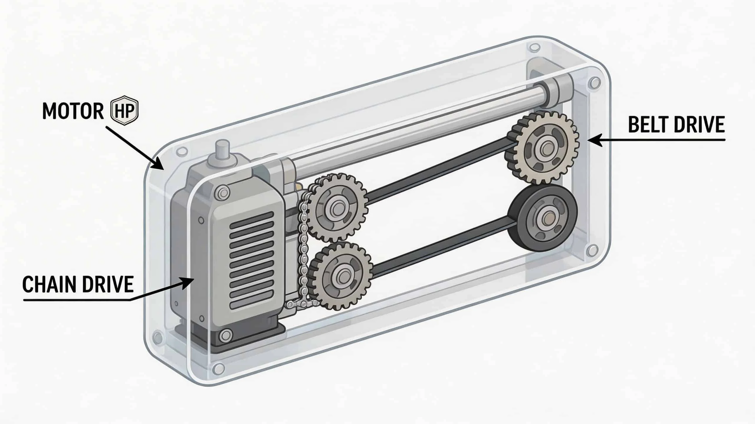 A transparent view of a garage door opener mechanism showing the internal motor, chain, and belt drives.
