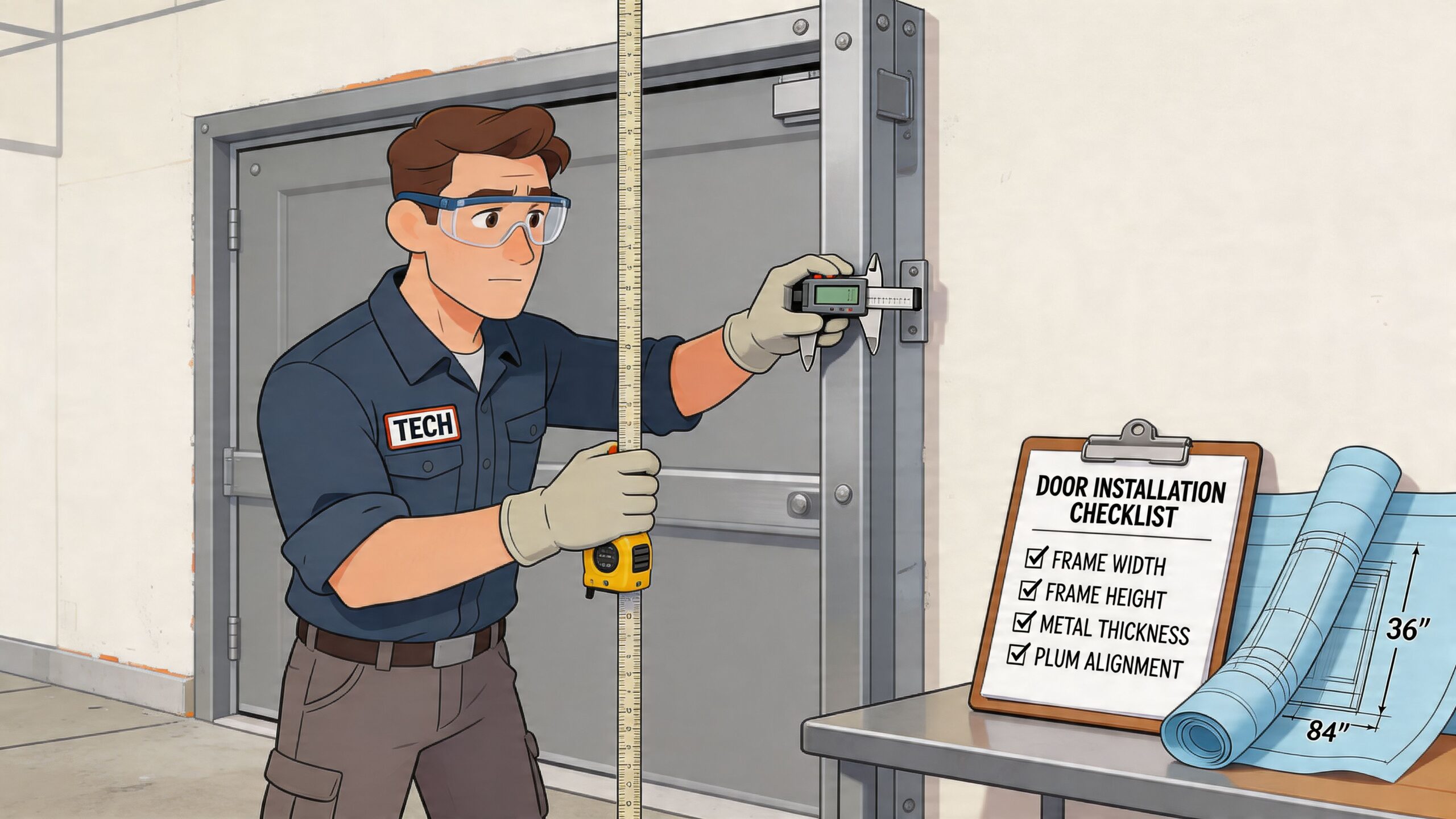 A professional technician carefully measuring a metal door frame using calipers and a measuring tape.