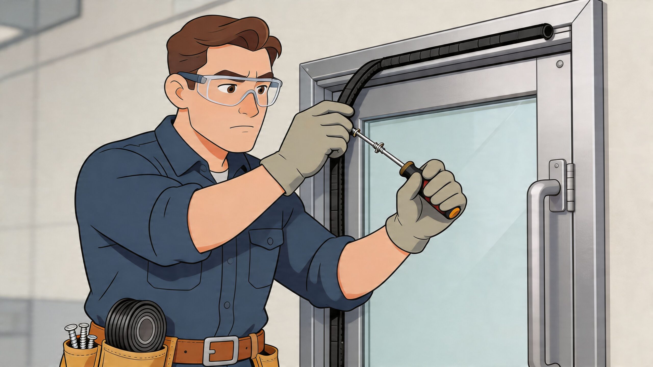 A professional maintenance worker installing weatherstripping on a metal exterior door using a screwdriver.