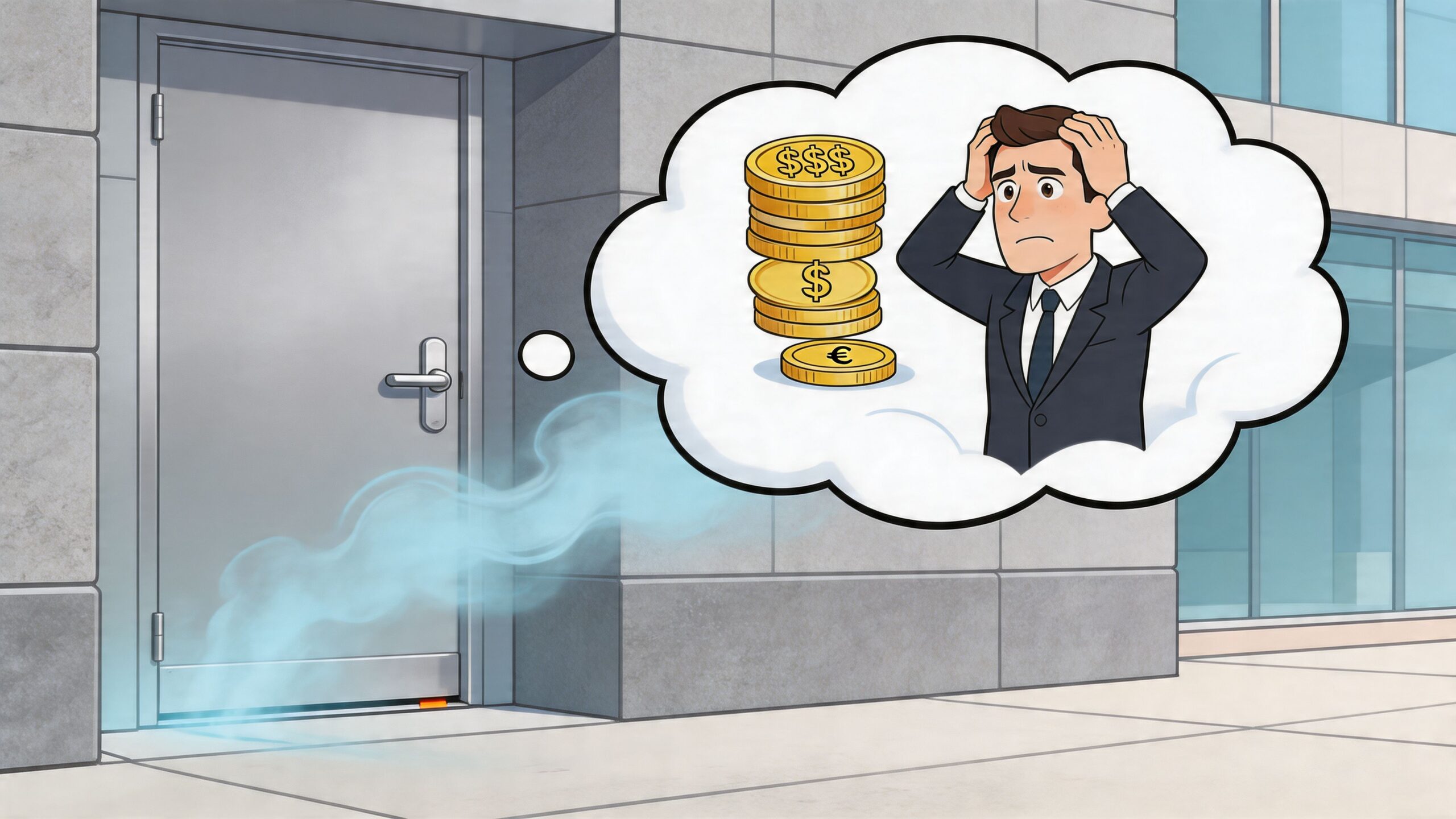 A thought bubble showing a stressed businessman worried about money costs beside a drafty metal exterior door.