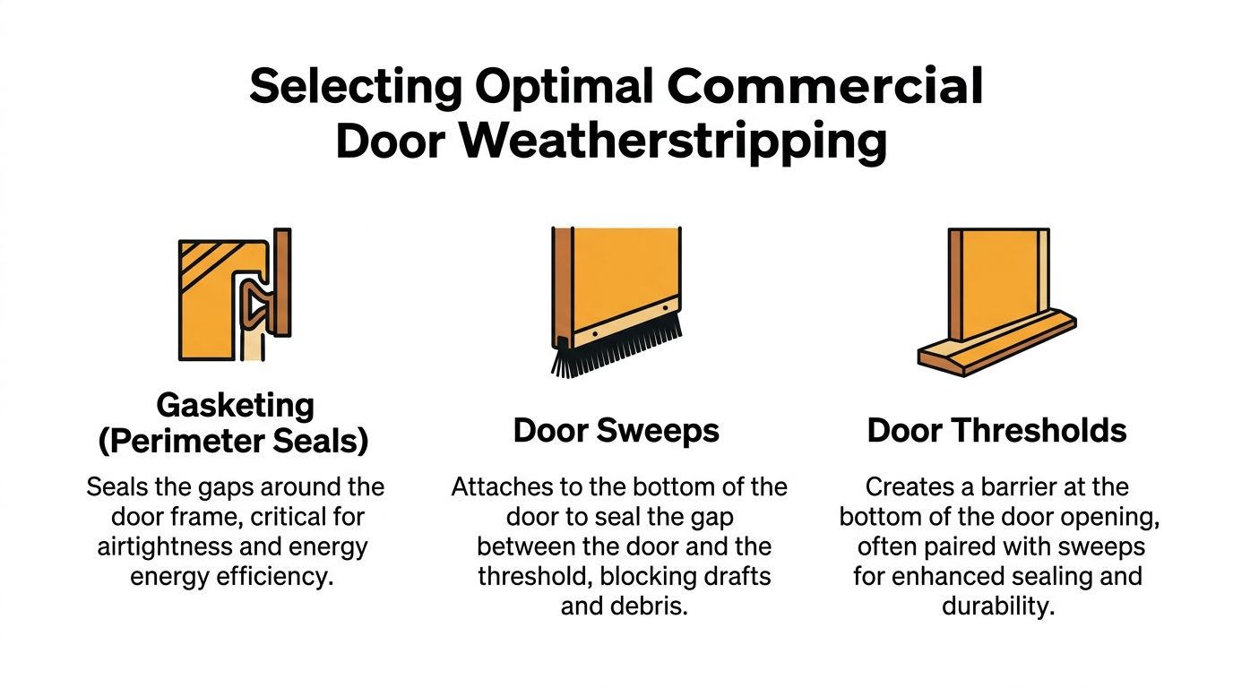 A diagram illustrating three types of commercial door weatherstripping: gasketing, door sweeps, and door thresholds.