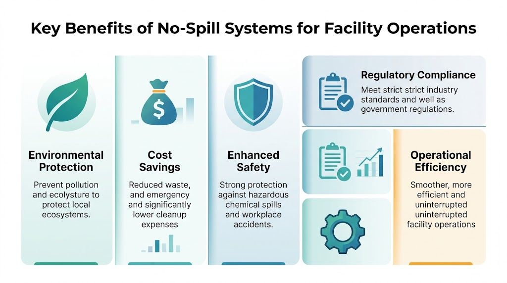 An infographic detailing the key benefits of no-spill systems for industrial facility operations and environmental safety.