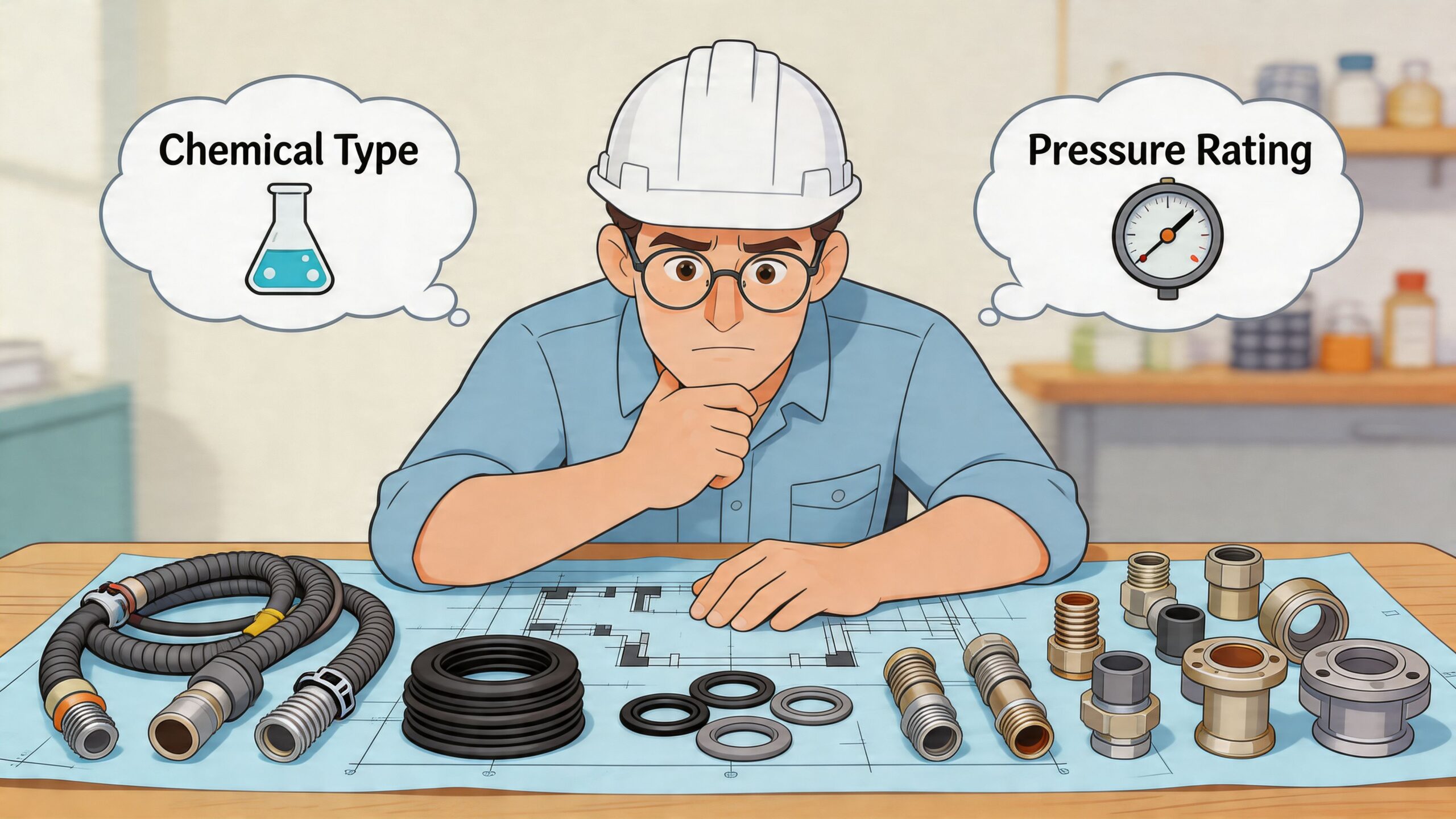An engineer wearing a hard hat examines industrial plumbing components, considering chemical types and pressure ratings for planning.