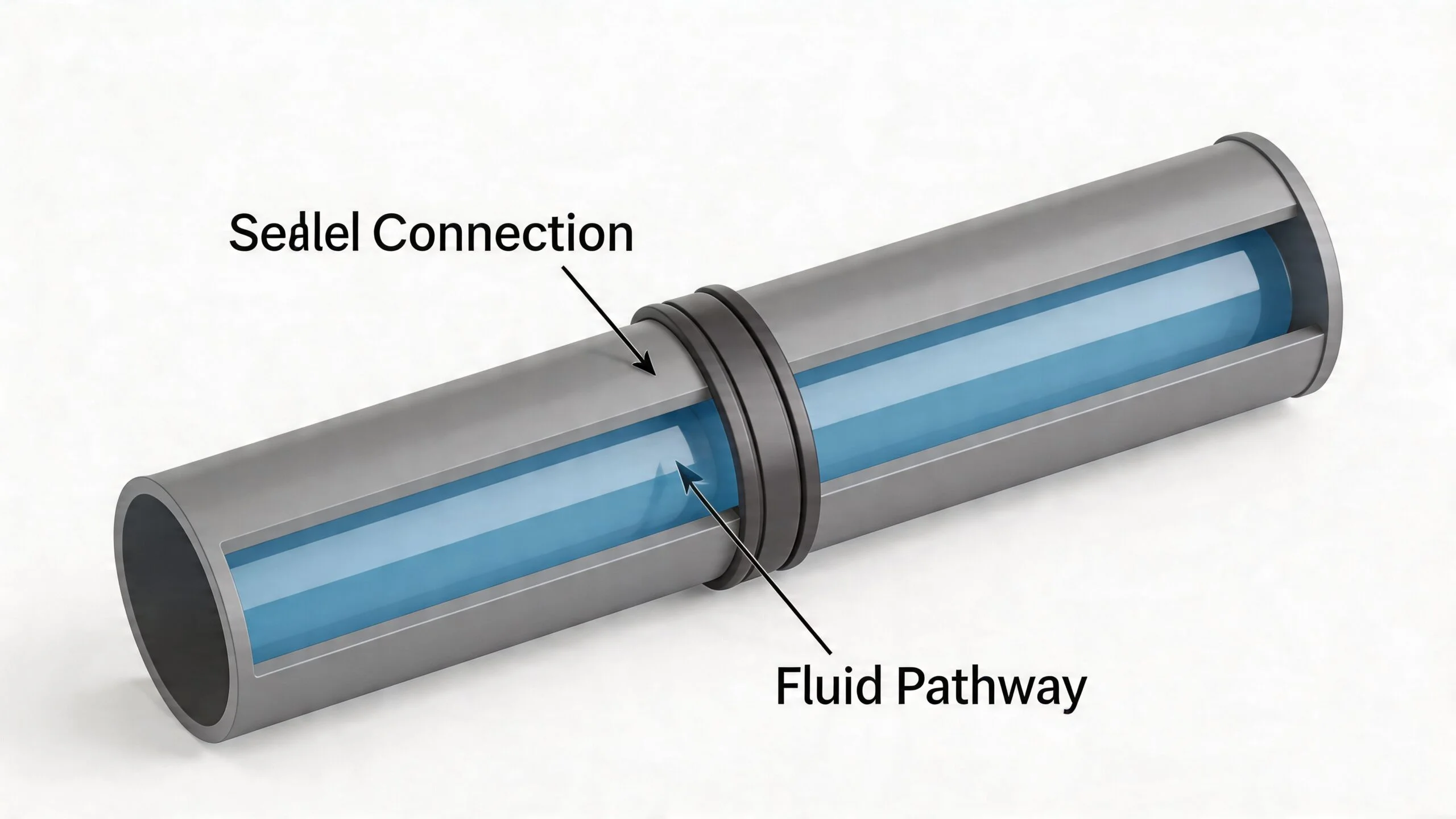 A 3D cross-section illustration showing a no spill pipe connection with a visible internal fluid pathway.